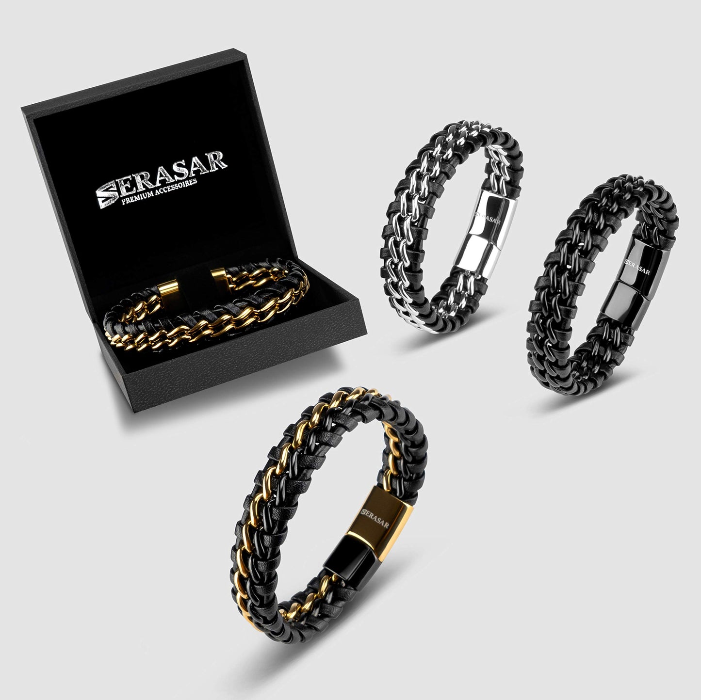 SERASAR Lederarmband Herren 20cm Gold Männer-Armband Leder-Armreif Herren-Lederband Herrenarmreif Armschmuck Leder-Schmuck Herrenschmuck Flecht-Armband Leder-Wickelarmband Leder-Kette Lederarmband