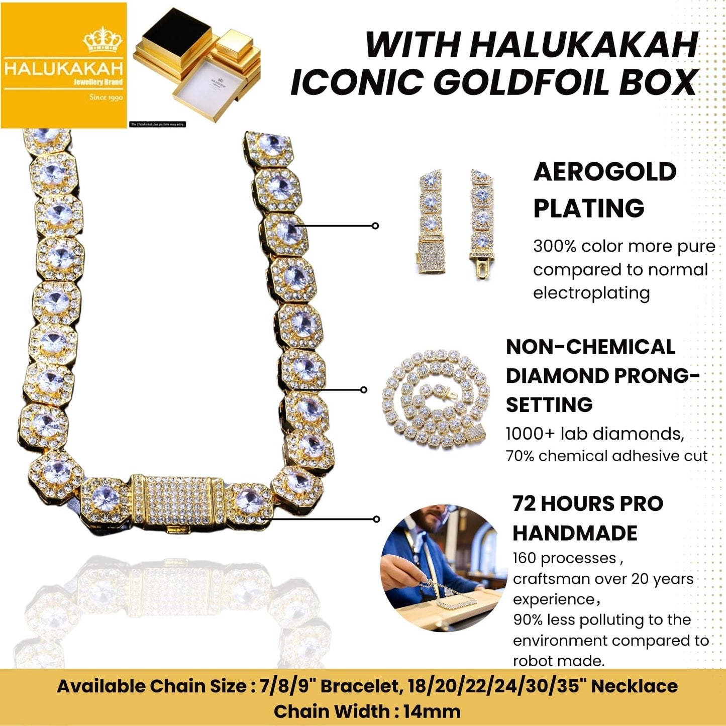Halukakah Herren Premium Diamantverschluss Geclusterte Diamanten-Tenniskette - Halskette mit 18 Karat Echtgoldplattierung 50cm - Handgefasste quadratische Labordiamanten - Glänzen Sie bei jedem Anlass