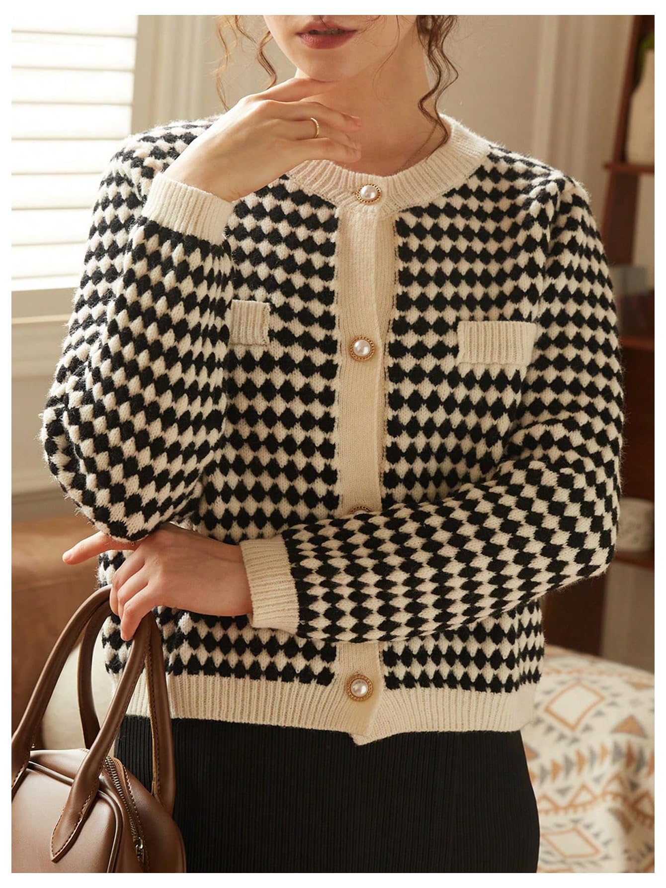 Floerns Women's Elegant Long Sleeve Geo Print Button Front Cardigan Sweater Black Small