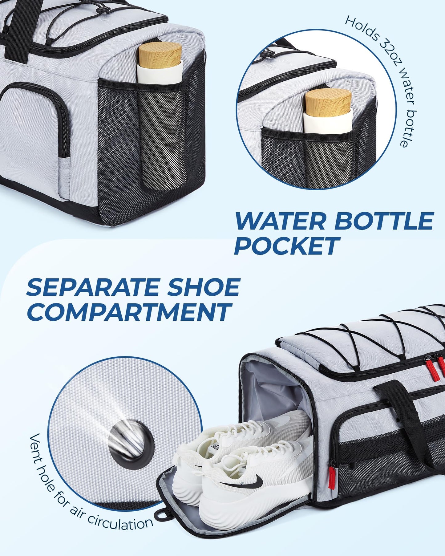 BAGSMART Gym Bag for Women & Men, 35L Sports Travel Duffel Bag with Shoe Compartment，Anti-Theft Carry On Weekender Bag for Airplane, Water Resistant Workout Overnight Backpack for Travel Gym,Grey