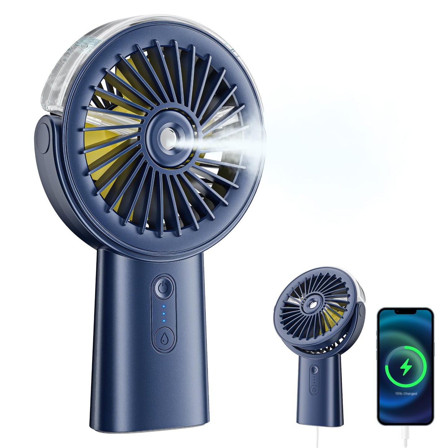 Handventilator Akku Aufladbar mit Wasserkühlung, 6000mAh Tragbarer Mini Ventilator mit 3 Gänge, Ventilatoren Leise Klein mit 4–18 Laufzeit, Portable USB Hand Fan für Sommer, Reise, Outdoor, Blau