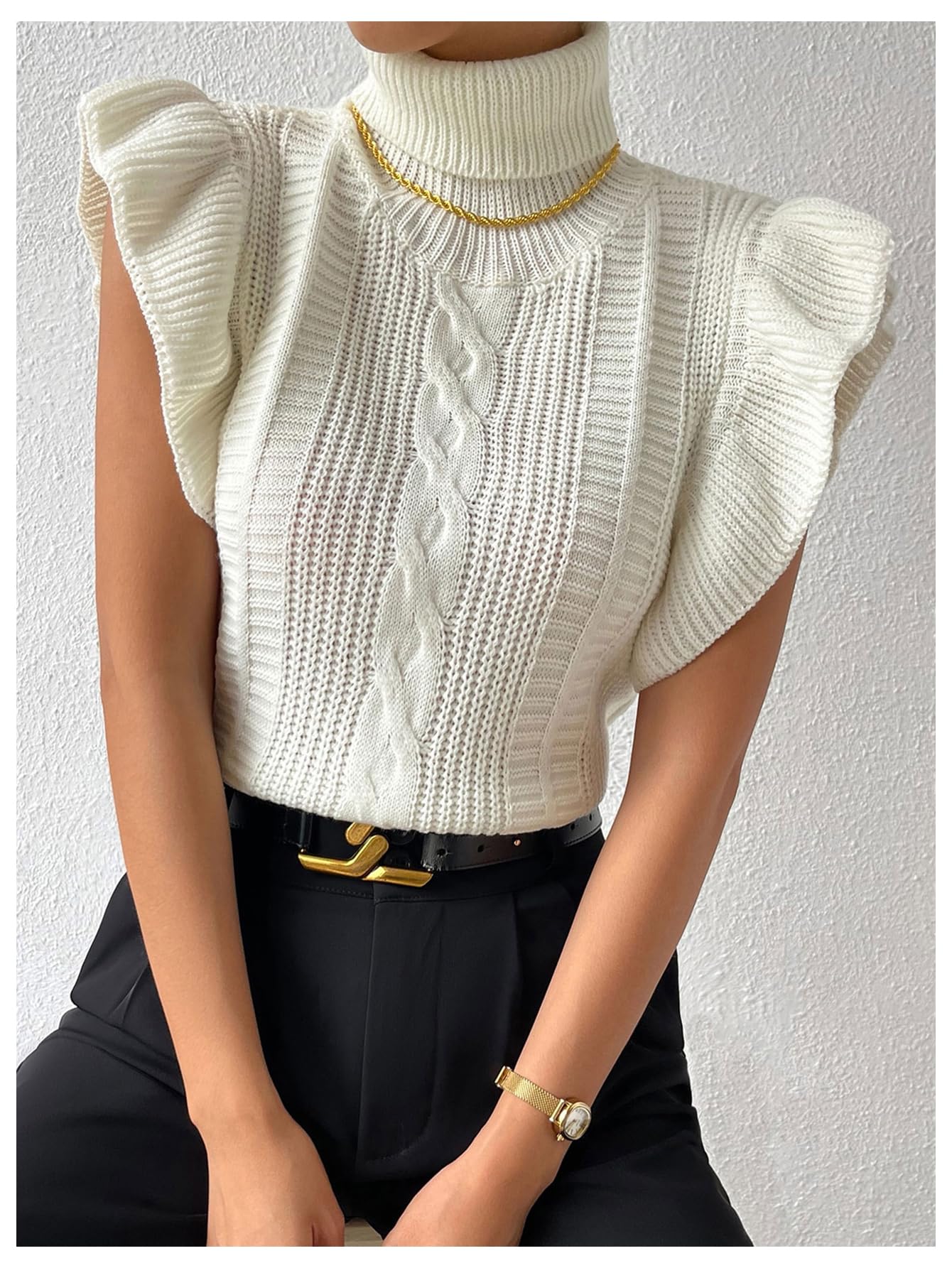 Floerns Women's Ruffle Trim Cable Knit Sweater Vest Turtleneck Sleeveless Tank Tops Beige Medium