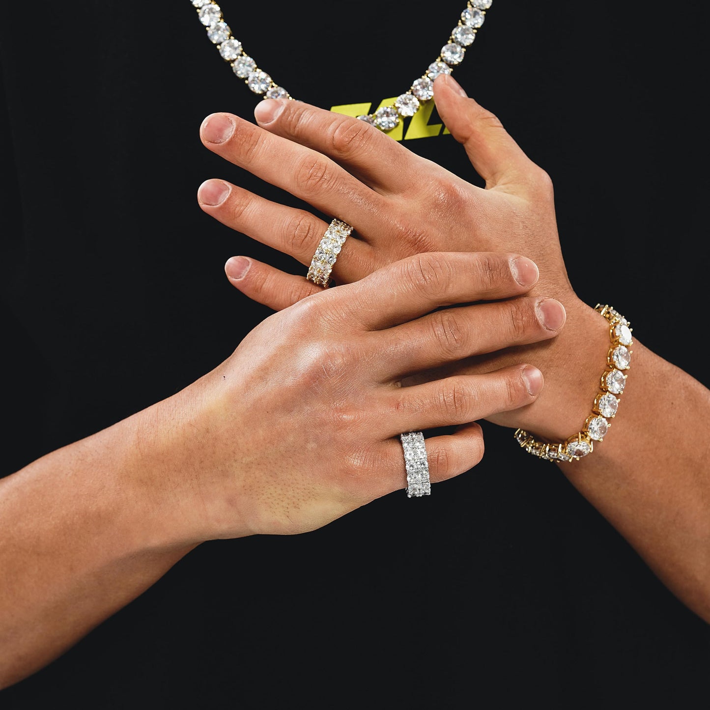 TOPGRILLZ Verlobungsring Herren Goldring Zirkonia Silberring Diamantringe für Damen 9mm Iced Out 14K vergoldet 2 Reihen Rundschliff Eternity Chunky Ring (Gold, 7.5