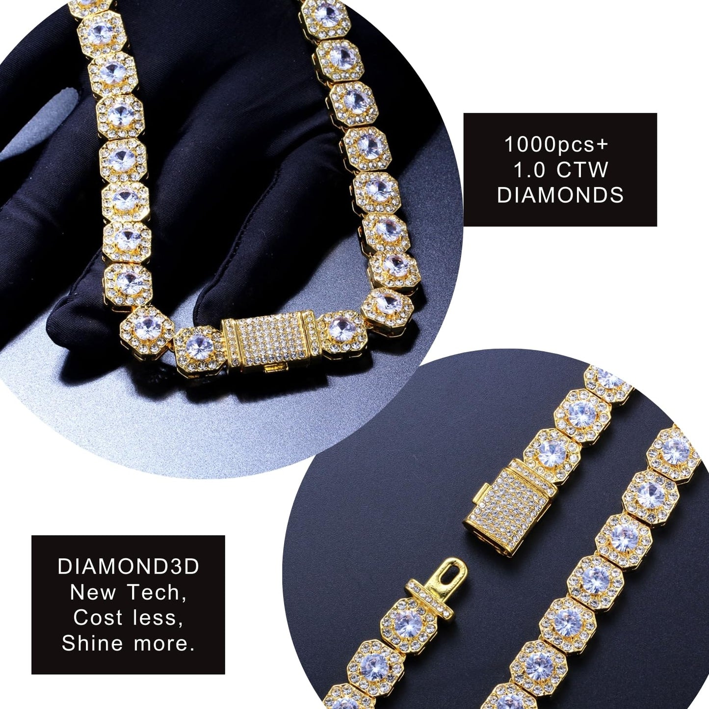 Halukakah Herren Premium Diamantverschluss Geclusterte Diamanten-Tenniskette - Halskette mit 18 Karat Echtgoldplattierung 50cm - Handgefasste quadratische Labordiamanten - Glänzen Sie bei jedem Anlass