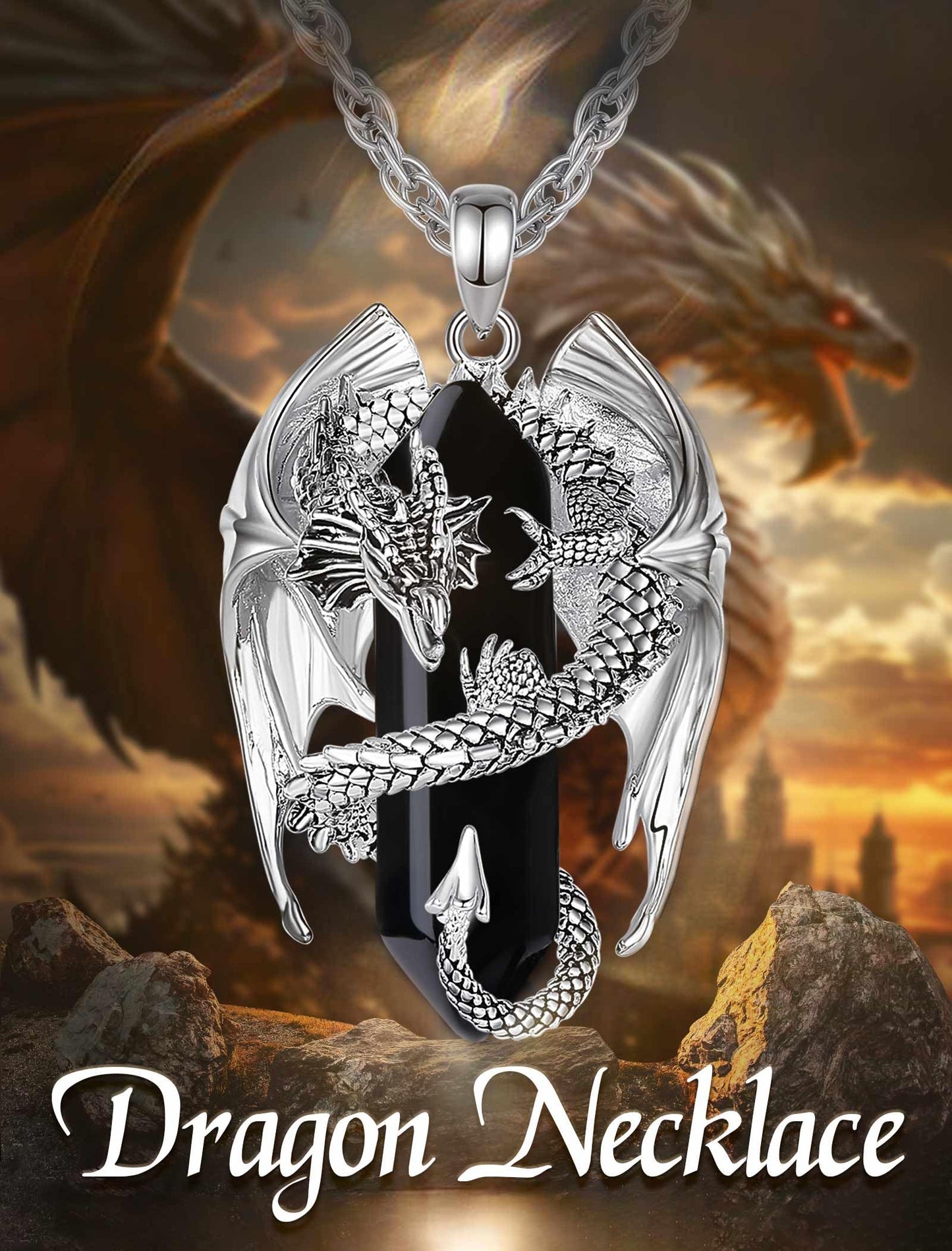 INFUSEU Drachen Kette, Kristall Halskette Nordischer Drache Eingewickelter Zylinder Edelstein Schwarzer Vintage Obsidian Anhänger Sechseckiger Heilkristall Gothic Geschenk für Männer Frauen