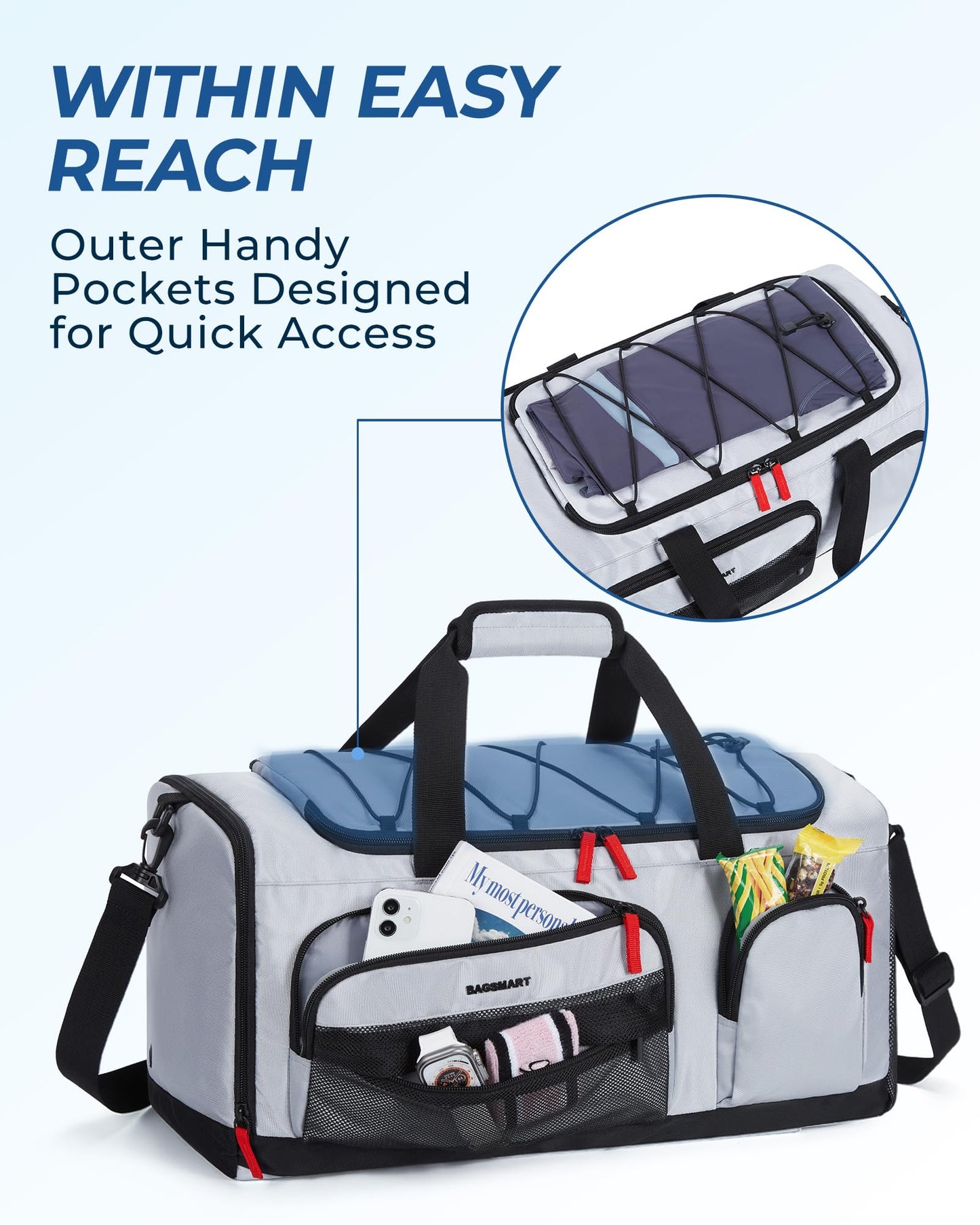 BAGSMART Gym Bag for Women & Men, 35L Sports Travel Duffel Bag with Shoe Compartment，Anti-Theft Carry On Weekender Bag for Airplane, Water Resistant Workout Overnight Backpack for Travel Gym,Grey