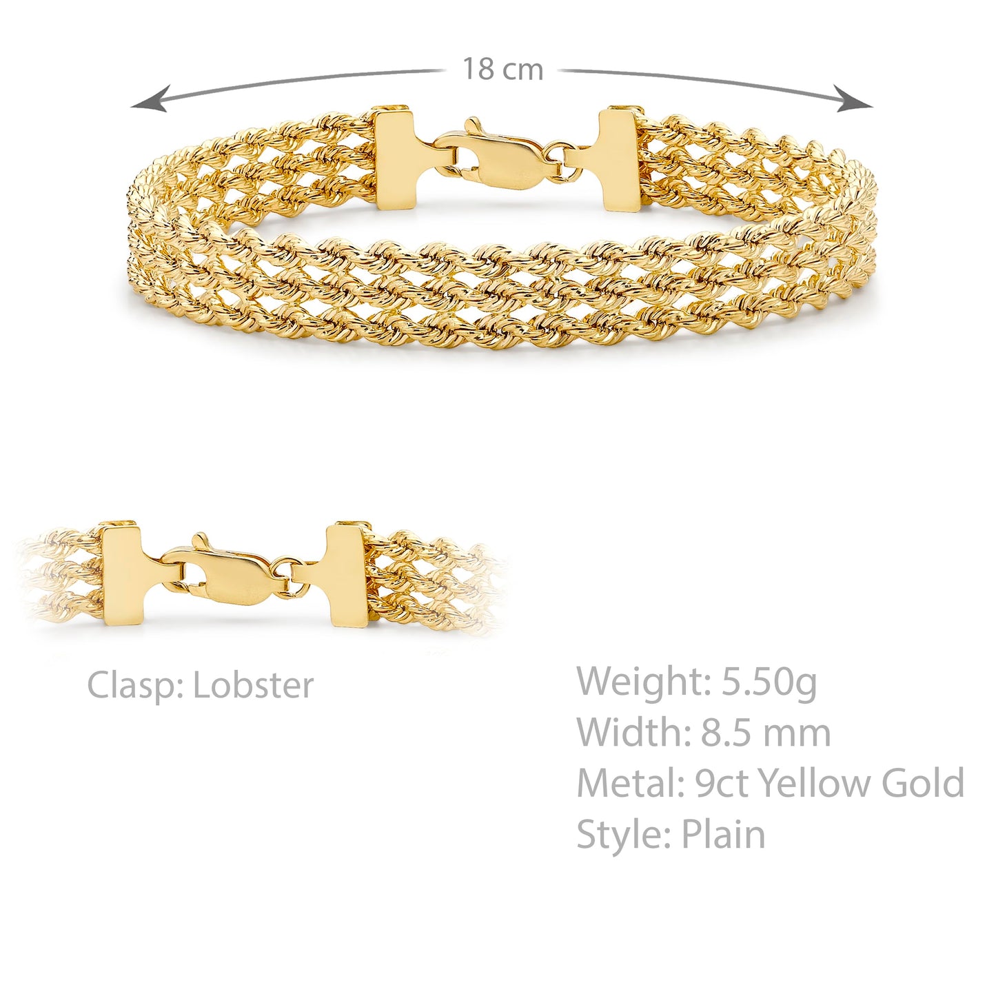CARISSIMA Gold 9 Karat Gold 3-strängiges Seilarmband von 18 cm/7 für Damen (Gelb, 7 Zoll)