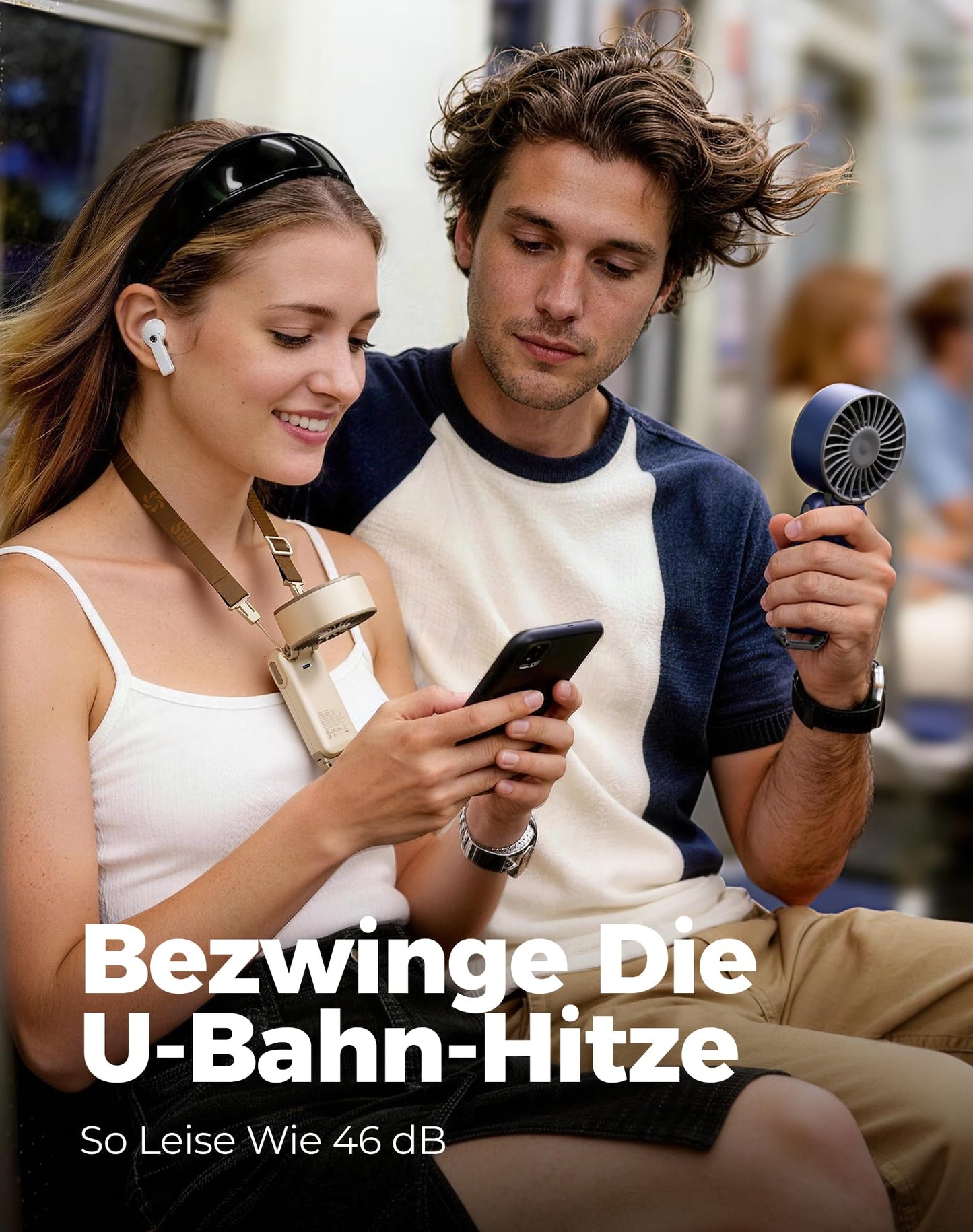 Diveblues Handventilator Tragbarer Turbo-Ventilator mit 100 Stufen und 7,4m/s Starkem Luftstrom, 180° Faltbarer 4-in-1 Mini-Ventilator für Hand, Hals und Tisch, Aufladbar für Sommer, Reise und Outdoor