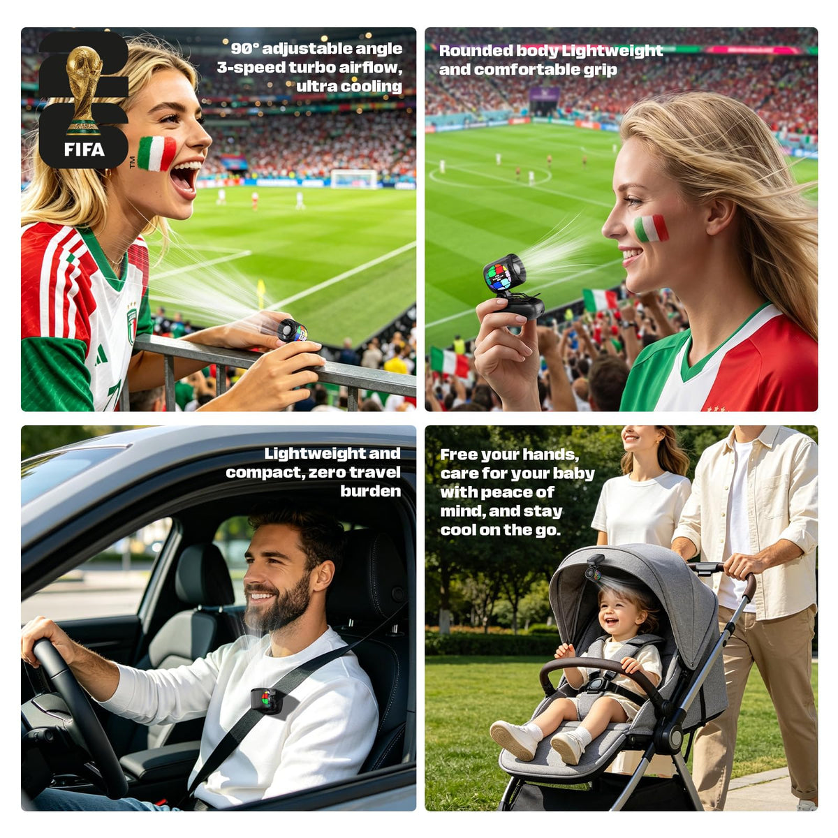 FIFA Offiziell Lizenzierter Mini Ventilator mit Clip für Kappe - Tragbarer Kleiner Ventilator Wiederaufladbar, Persönlicher mit 3 Geschwindigkeiten, 62g Leicht für Reisen, Outdoor & Sport