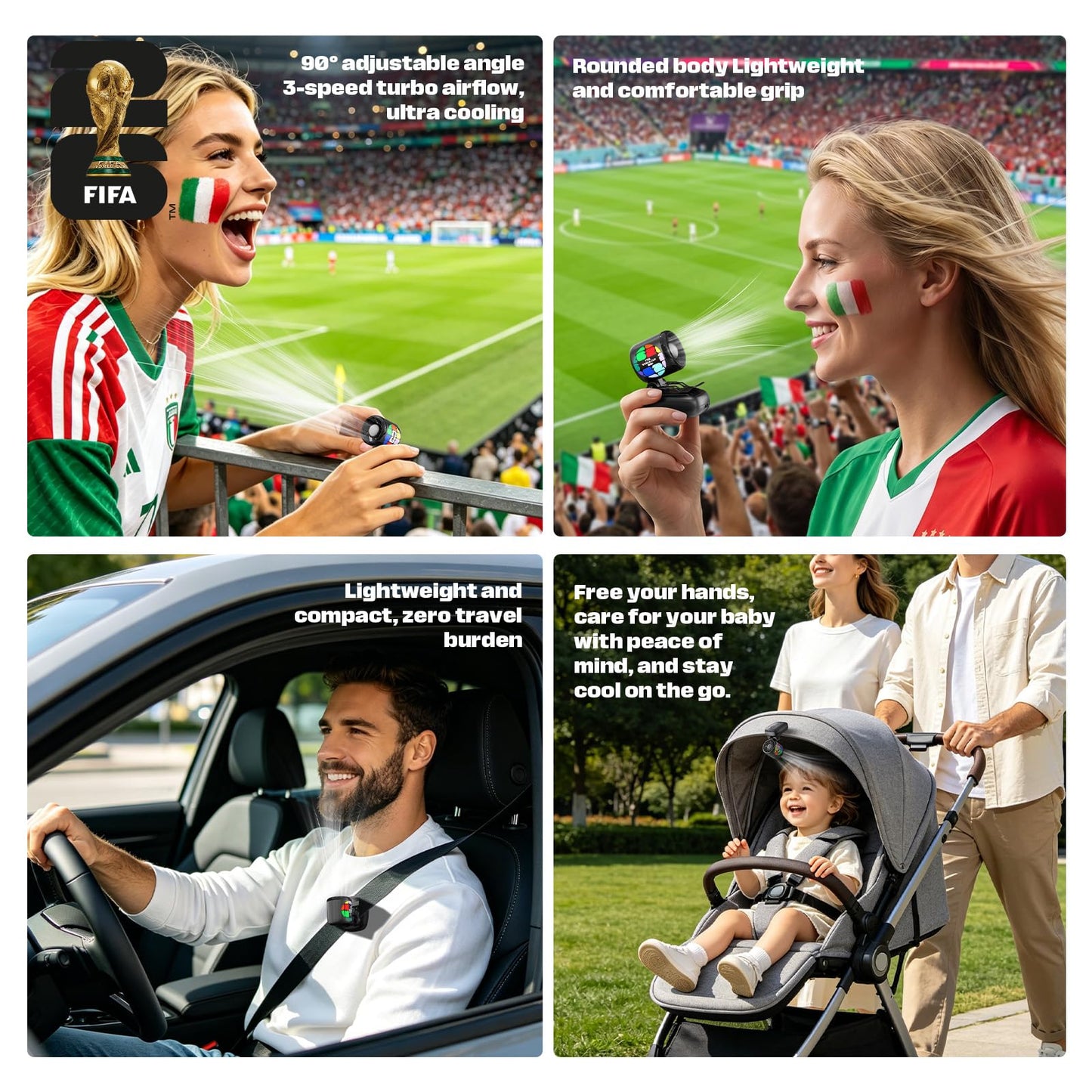 FIFA Offiziell Lizenzierter Mini Ventilator mit Clip für Kappe - Tragbarer Kleiner Ventilator Wiederaufladbar, Persönlicher mit 3 Geschwindigkeiten, 62g Leicht für Reisen, Outdoor & Sport