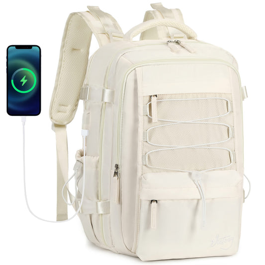 Reiserucksack für Damen und Herren, 15,6-Zoll-Laptop-Rucksäcke mit USB-Anschluss, Handgepäck-Rucksack, flugzugelassen, großer Rucksack, College-Büchertasche, Outdoor-Sport-Wanderrucksack, lässiger Tagesrucksack (weiß)