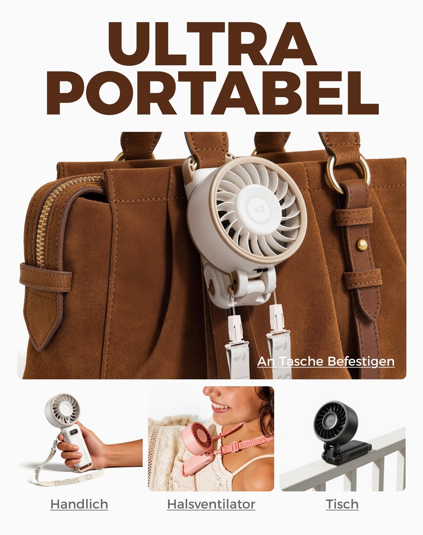 Diveblues - Handventilator Akku Aufladbar - 100 Stunfen Mini Ventilator Leistungsstarker Luftstrom mit Turbo-Technologie, 4 in 1 Tragbarer Ventilator 180° Faltbarer Bis zu 12 Stunden Kühlung