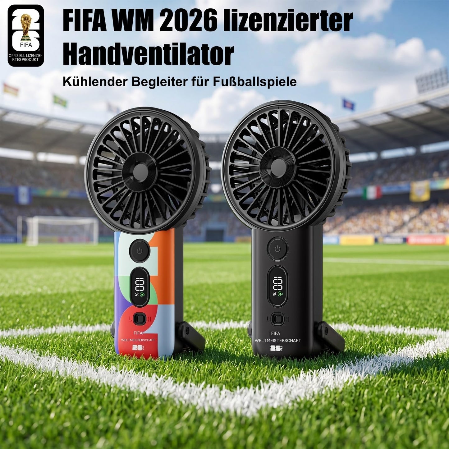 Covbozk FIFA WM 2026 lizenzierter Hand-Turbo-Ventilator, tragbar mit 5 Stufen, 4.000mAh Akku, LED-Anzeige & Taschenlampe, Tisch-/Aufhängefunktion, Fußball Geschenk (Schwarz)