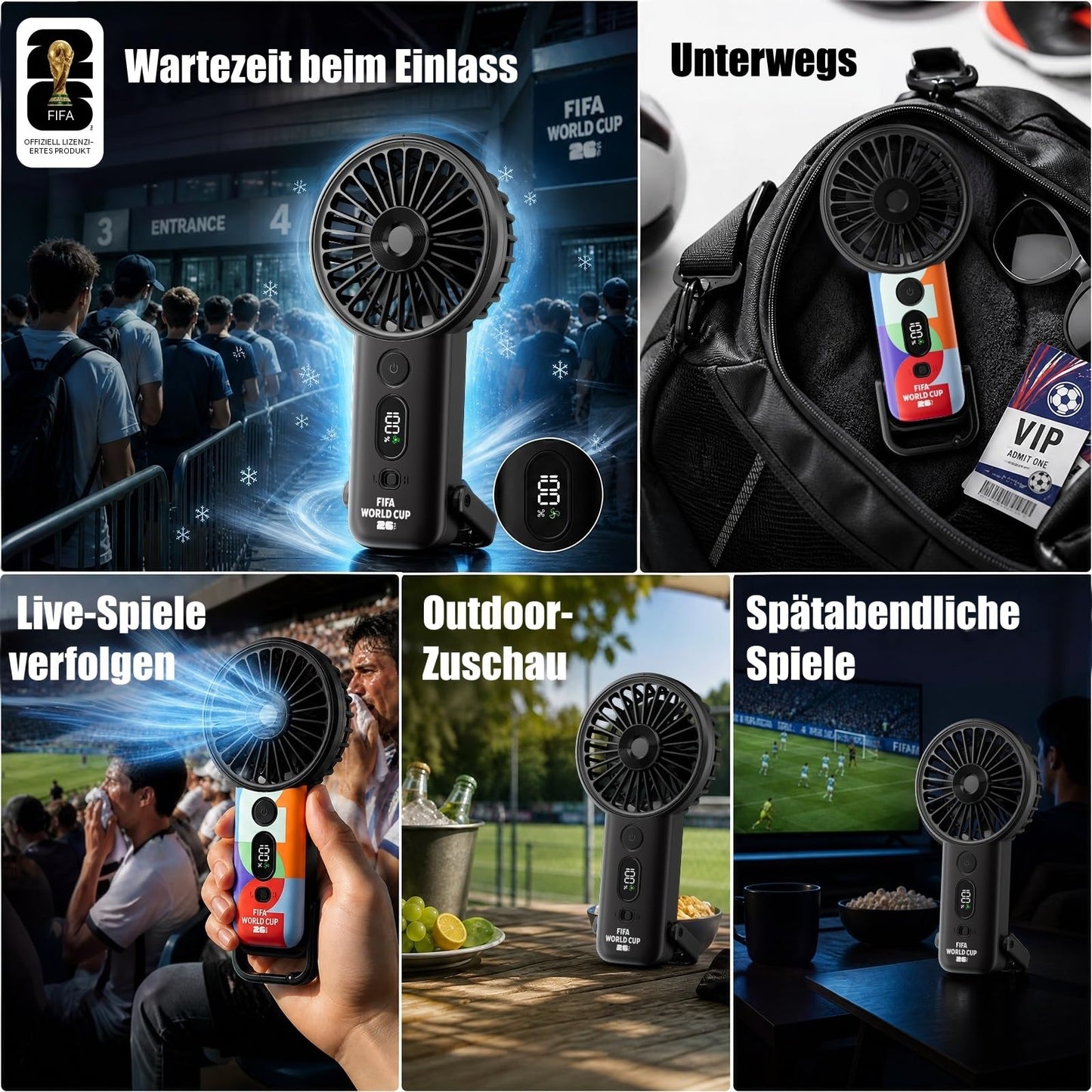 Covbozk FIFA WM 2026 lizenzierter Hand-Turbo-Ventilator, tragbar mit 5 Stufen, 4.000mAh Akku, LED-Anzeige & Taschenlampe, Tisch-/Aufhängefunktion, Fußball Geschenk (Schwarz)