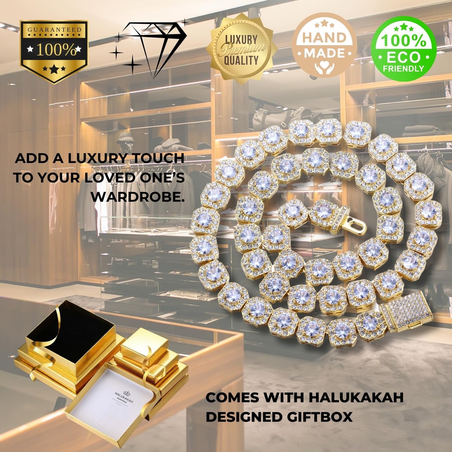Halukakah Herren Premium Diamantverschluss Geclusterte Diamanten-Tenniskette - Halskette mit 18 Karat Echtgoldplattierung 50cm - Handgefasste quadratische Labordiamanten - Glänzen Sie bei jedem Anlass