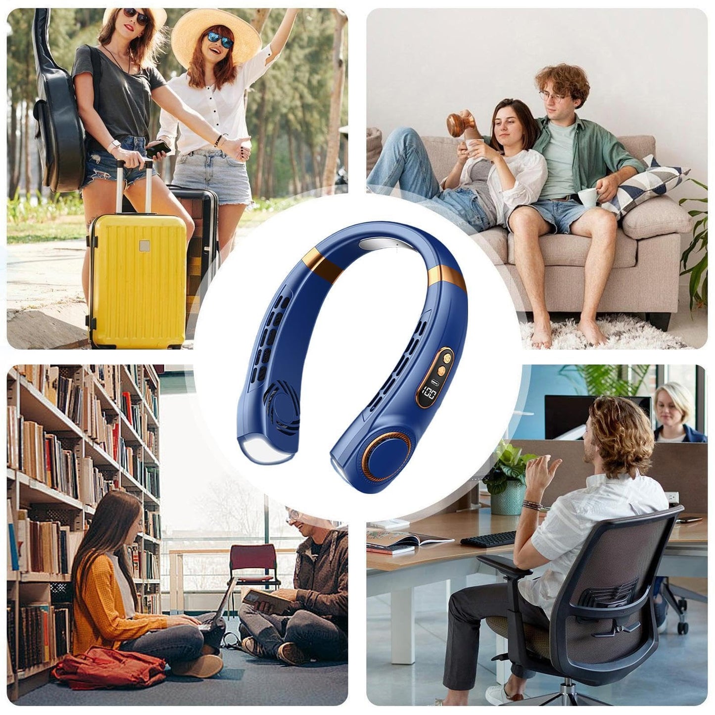 Tragbarer Hals-Ventilator – wiederaufladbarer leiser Ventilator, 5 Geschwindigkeiten, 7-farbiges LED-Licht, tragbarer Hals-Ventilator mit Display, für Reisen, Auto, Autofahren, Camping,