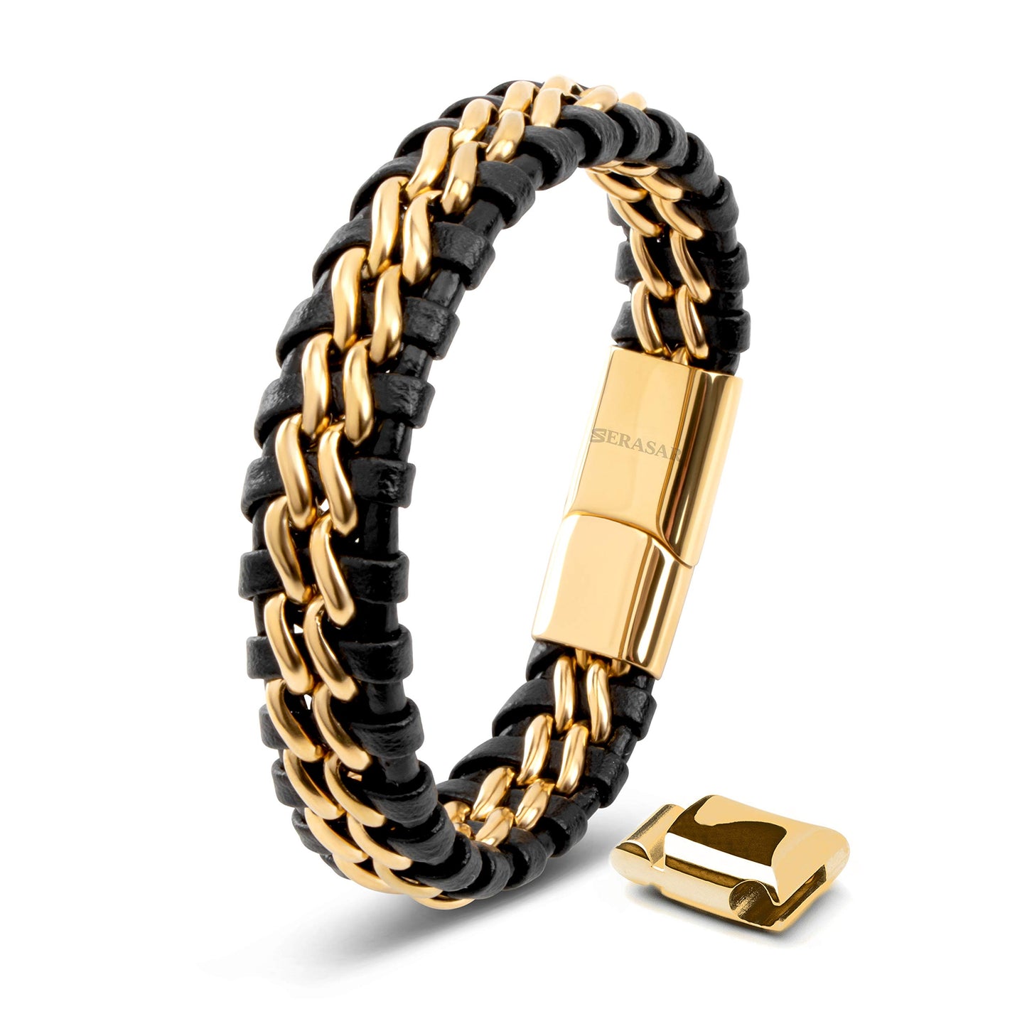 SERASAR Lederarmband Herren 20cm Gold Männer-Armband Leder-Armreif Herren-Lederband Herrenarmreif Armschmuck Leder-Schmuck Herrenschmuck Flecht-Armband Leder-Wickelarmband Leder-Kette Lederarmband