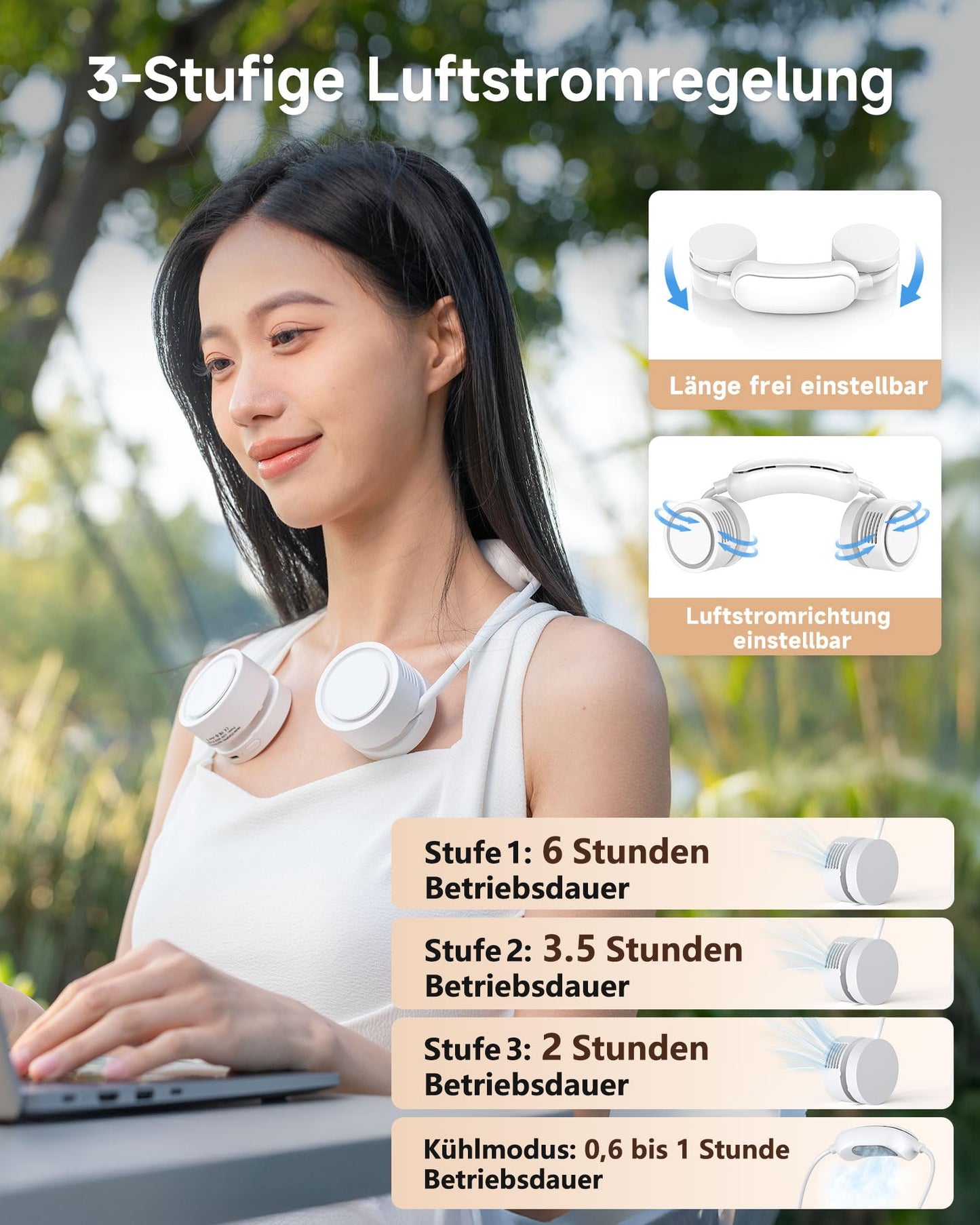 ViSSKO 2026 Neu Kühlung Nackenventilator,Nackenstütze Persönliche Hände frei,3 Geschwindigkeitsstufen Dauerhaft,1600mAh USB-C wiederaufladbarer Akku für Arbeit,Reisen,Outdoor-Sport,Zuhause Aprikose