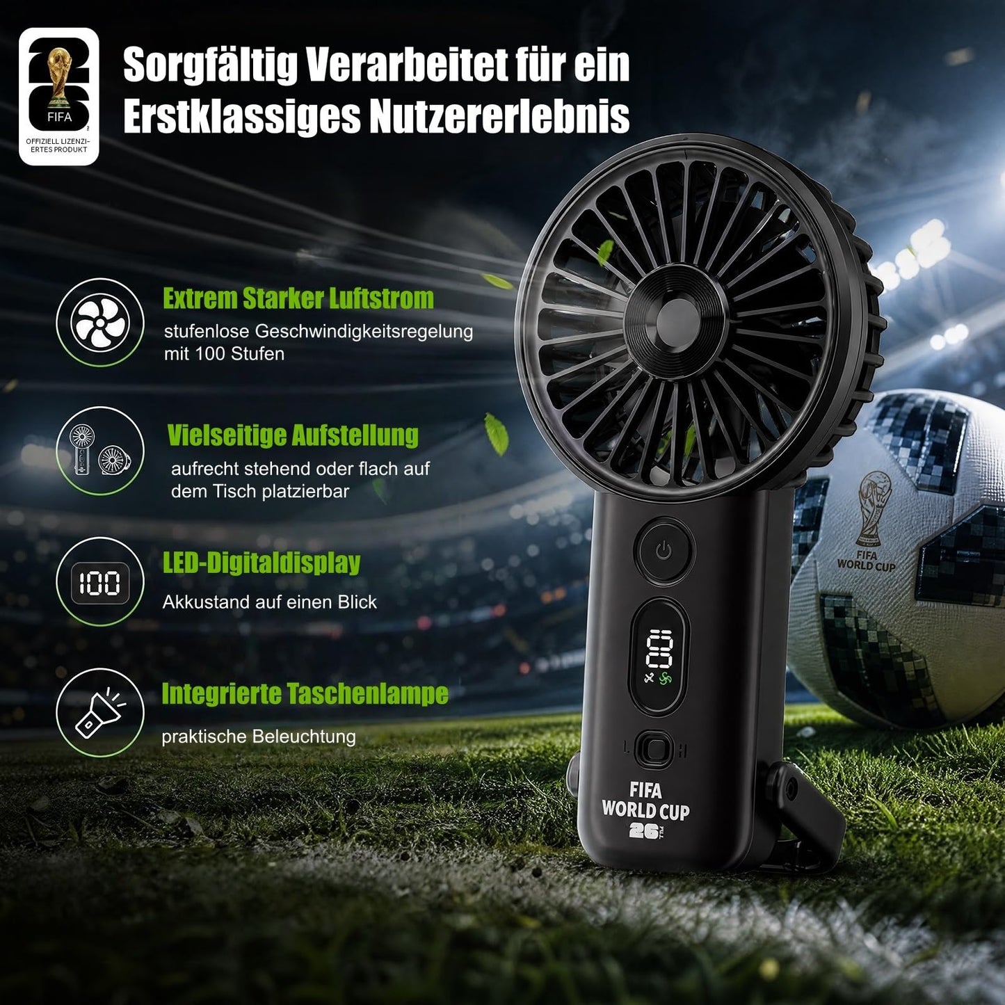 FIFA WM 2026 lizenzierter Hand-Turbo-Ventilator, tragbar mit 5 Stufen, 4.000mAh Akku, LED-Anzeige & Taschenlampe, Tisch-/Aufhängefunktion, Fußball Geschenk (Schwarz)