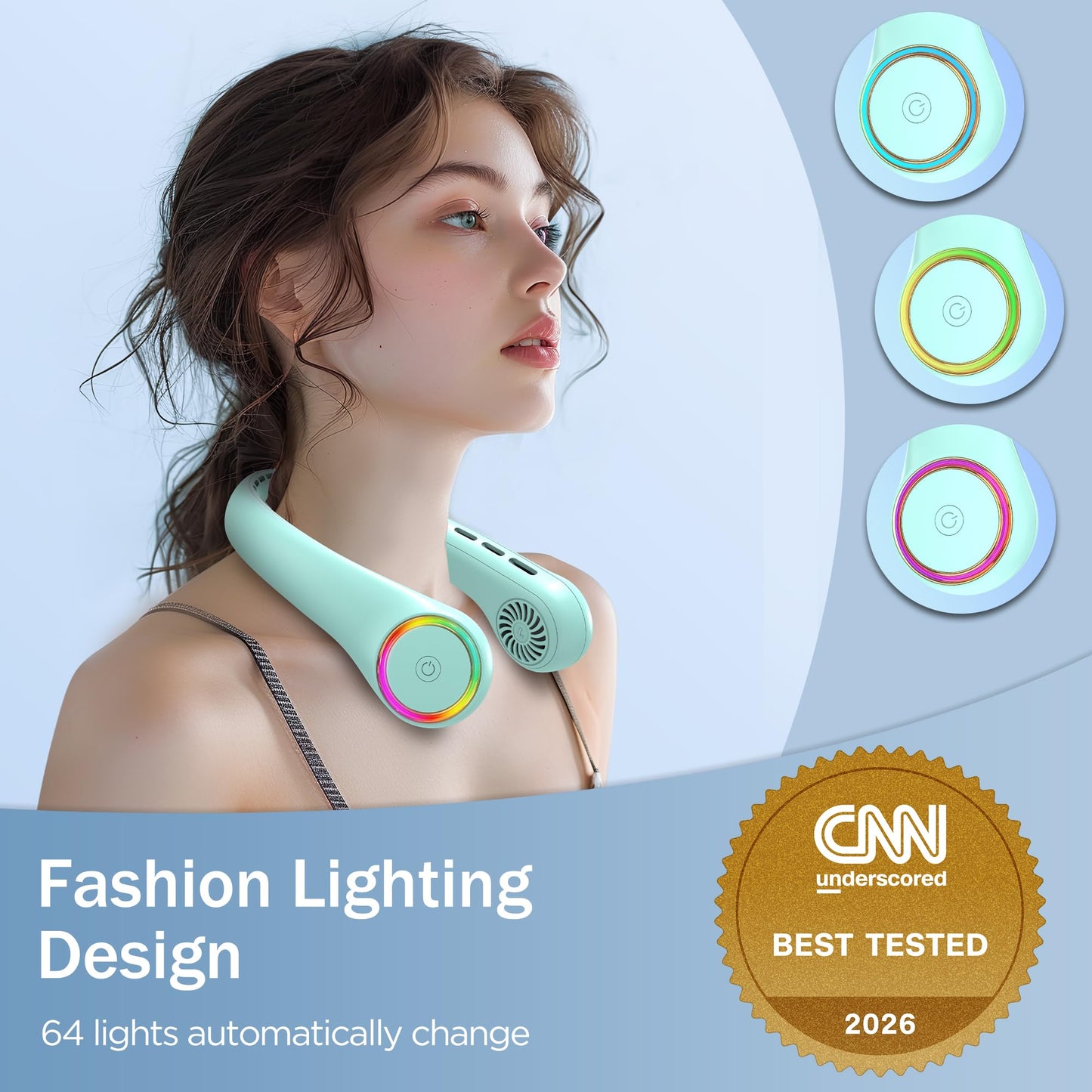 Neck fan, Portable Fan with 5-17H Lifespan, 4000mAh Neck fan air conditioner with 3 Adjustable Speeds and 64 Cool Lights, Rechargeable Neck Fan, Hands-Free Cooling fan for Summer (Black)