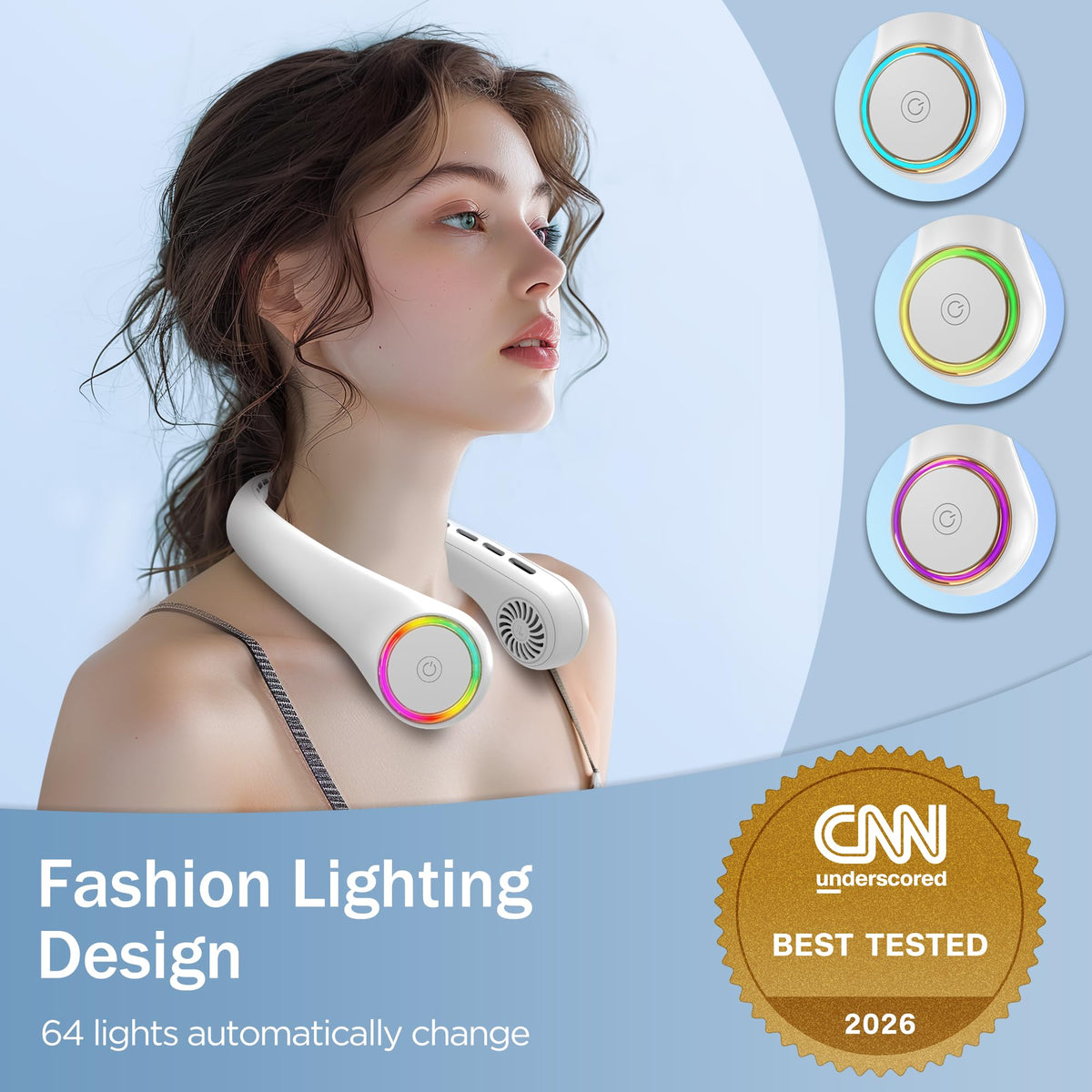 Neck fan, Portable Fan with 5-17H Lifespan, 4000mAh Neck fan air conditioner with 3 Adjustable Speeds and 64 Cool Lights, Rechargeable Neck Fan, Hands-Free Cooling fan for Summer (Black)