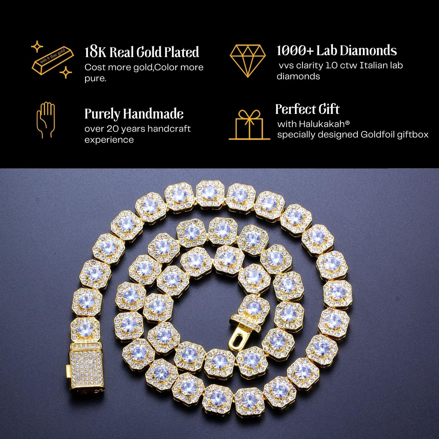 Halukakah Herren Premium Diamantverschluss Geclusterte Diamanten-Tenniskette - Halskette mit 18 Karat Echtgoldplattierung 50cm - Handgefasste quadratische Labordiamanten - Glänzen Sie bei jedem Anlass