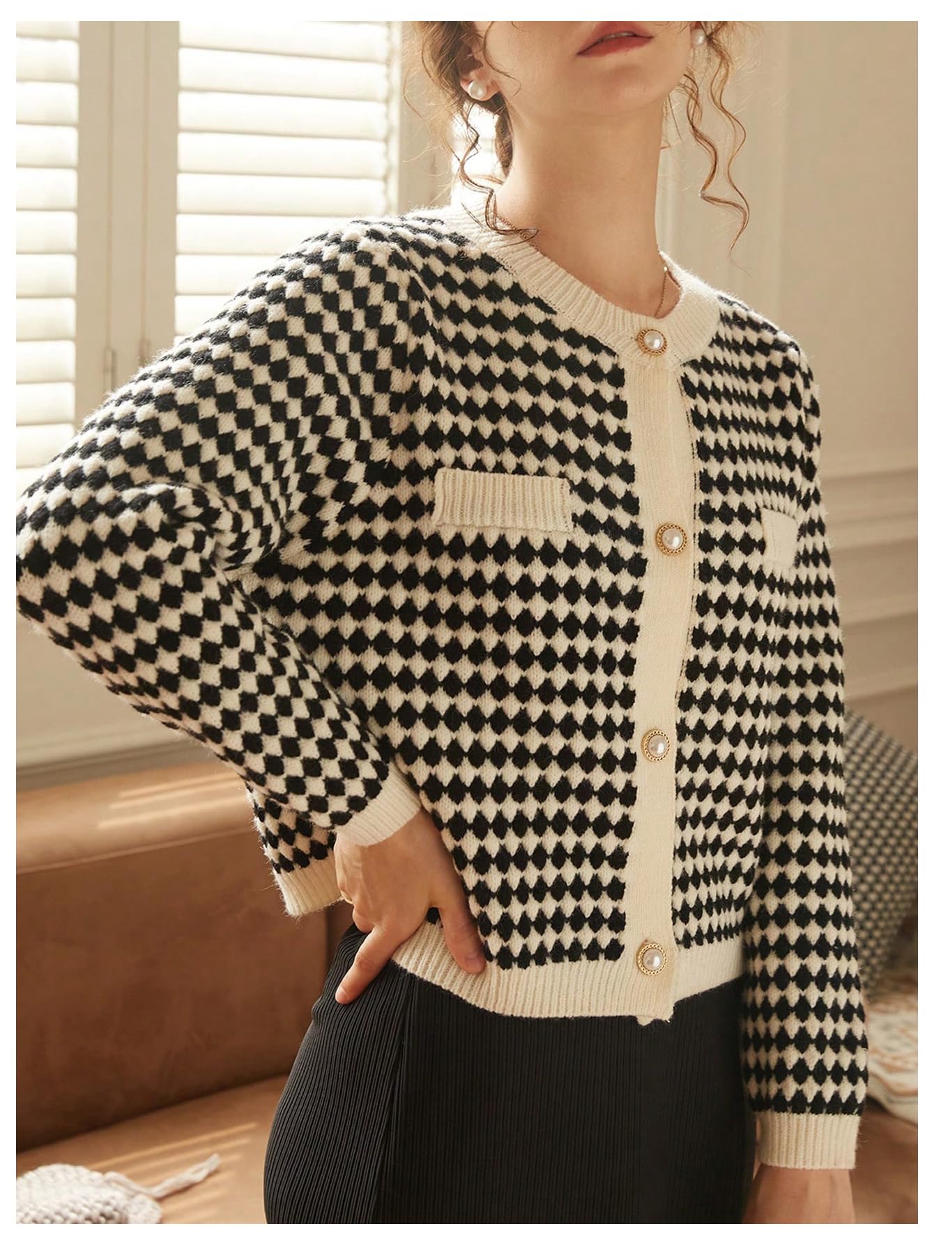Floerns Women's Elegant Long Sleeve Geo Print Button Front Cardigan Sweater Black Small