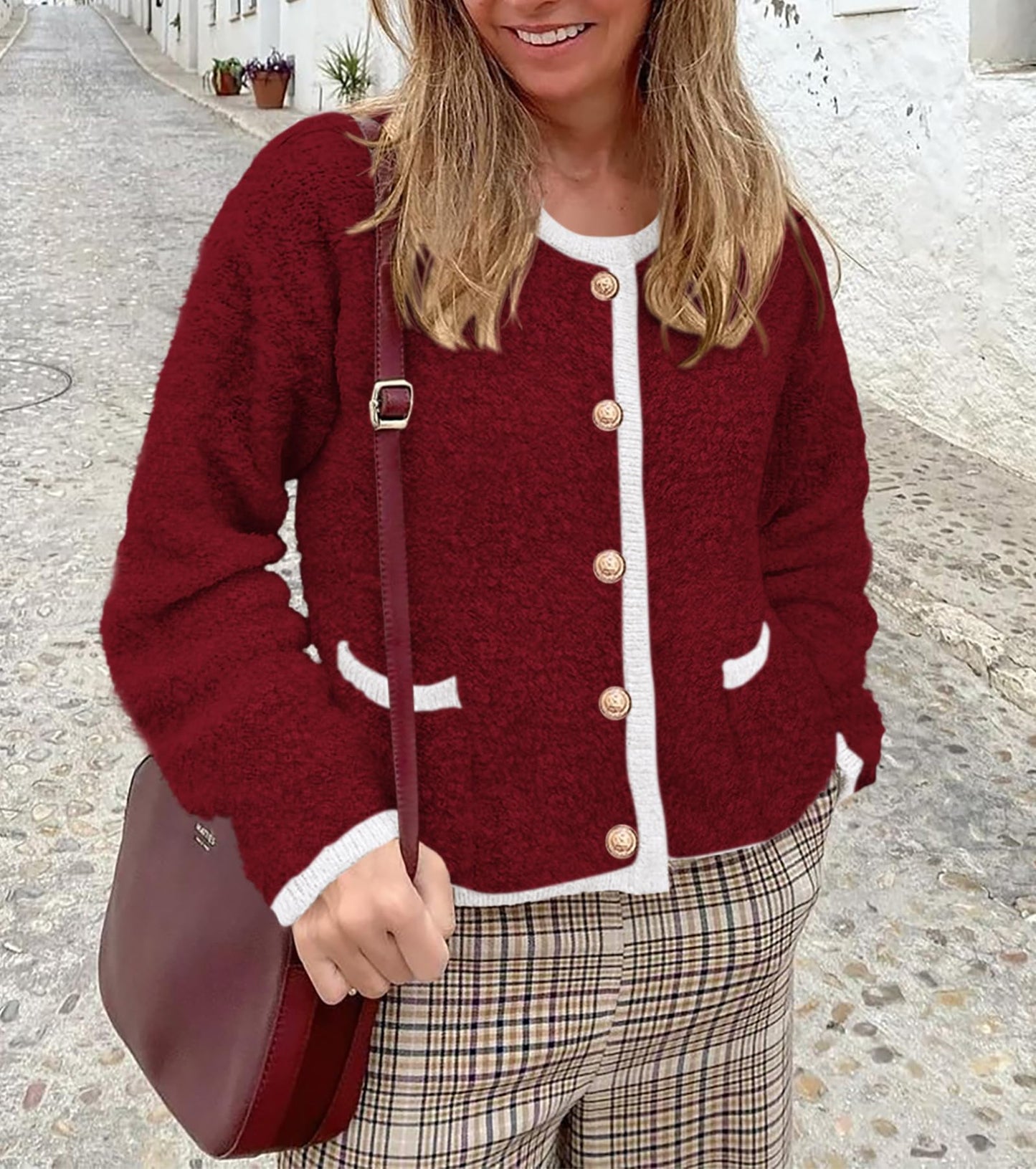 Women Cardigan Sweaters Long Sleeve Button Down Tweed Knit Sweater Crewneck Fall Open Front Outerwear with Pockets-M Wine Red