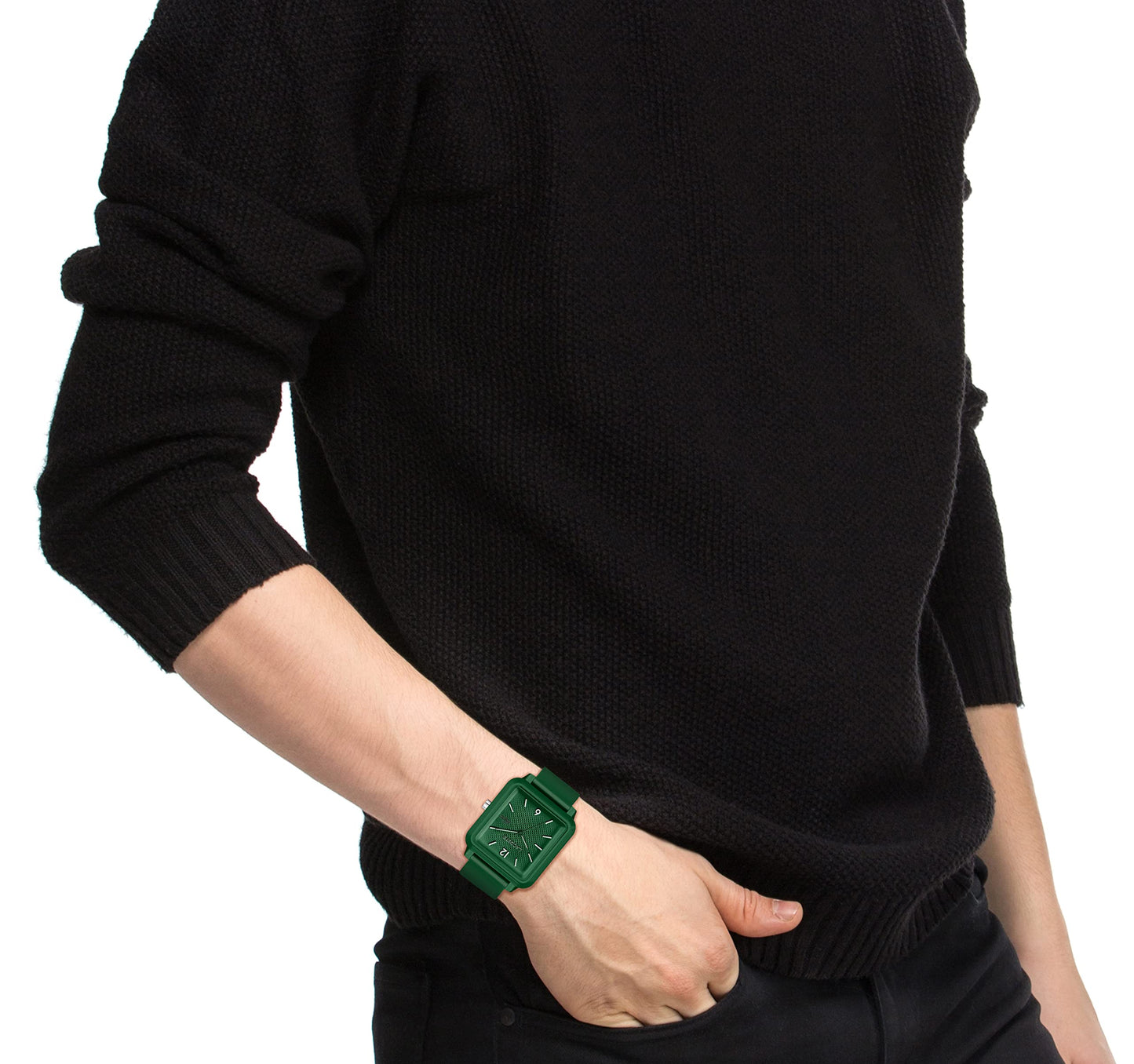 Lacoste 12.12 Studio Herren-Quarzuhr mit Edelstahlgehäuse und grünem Gummiarmband (Modell: 2011250)