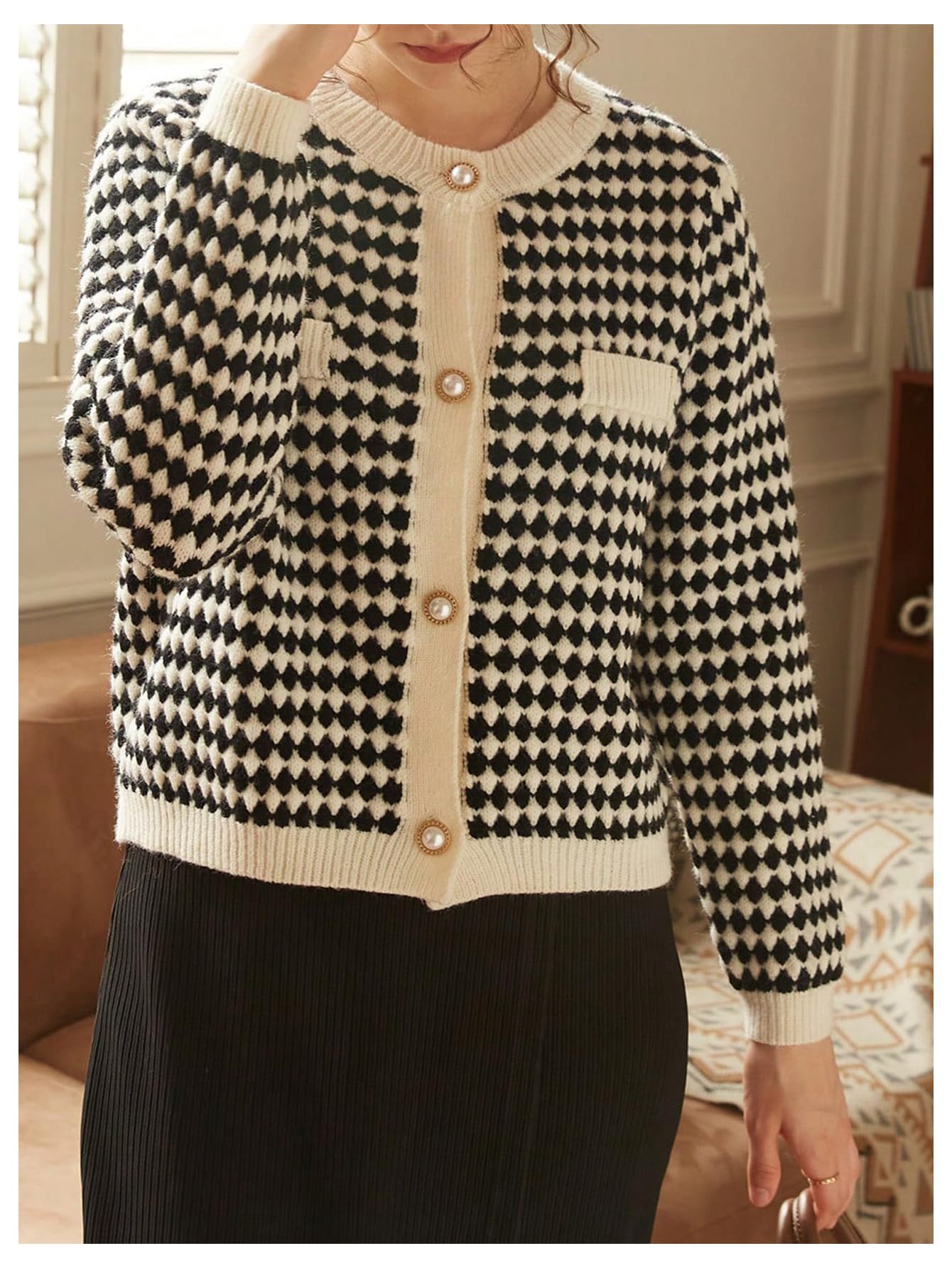 Floerns Women's Elegant Long Sleeve Geo Print Button Front Cardigan Sweater Black Small