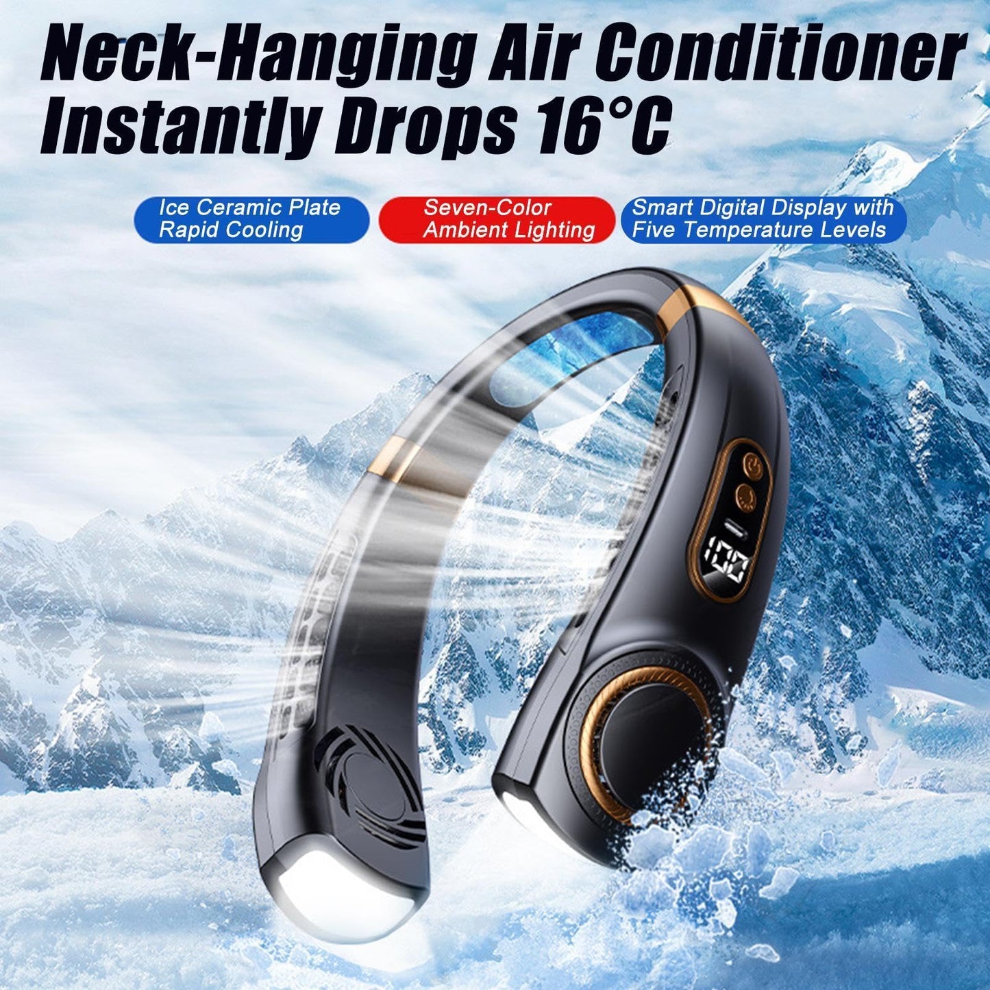 Tragbarer Hals-Ventilator – wiederaufladbarer leiser Ventilator, 5 Geschwindigkeiten, 7-farbiges LED-Licht, tragbarer Hals-Ventilator mit Display, für Reisen, Auto, Autofahren, Camping,