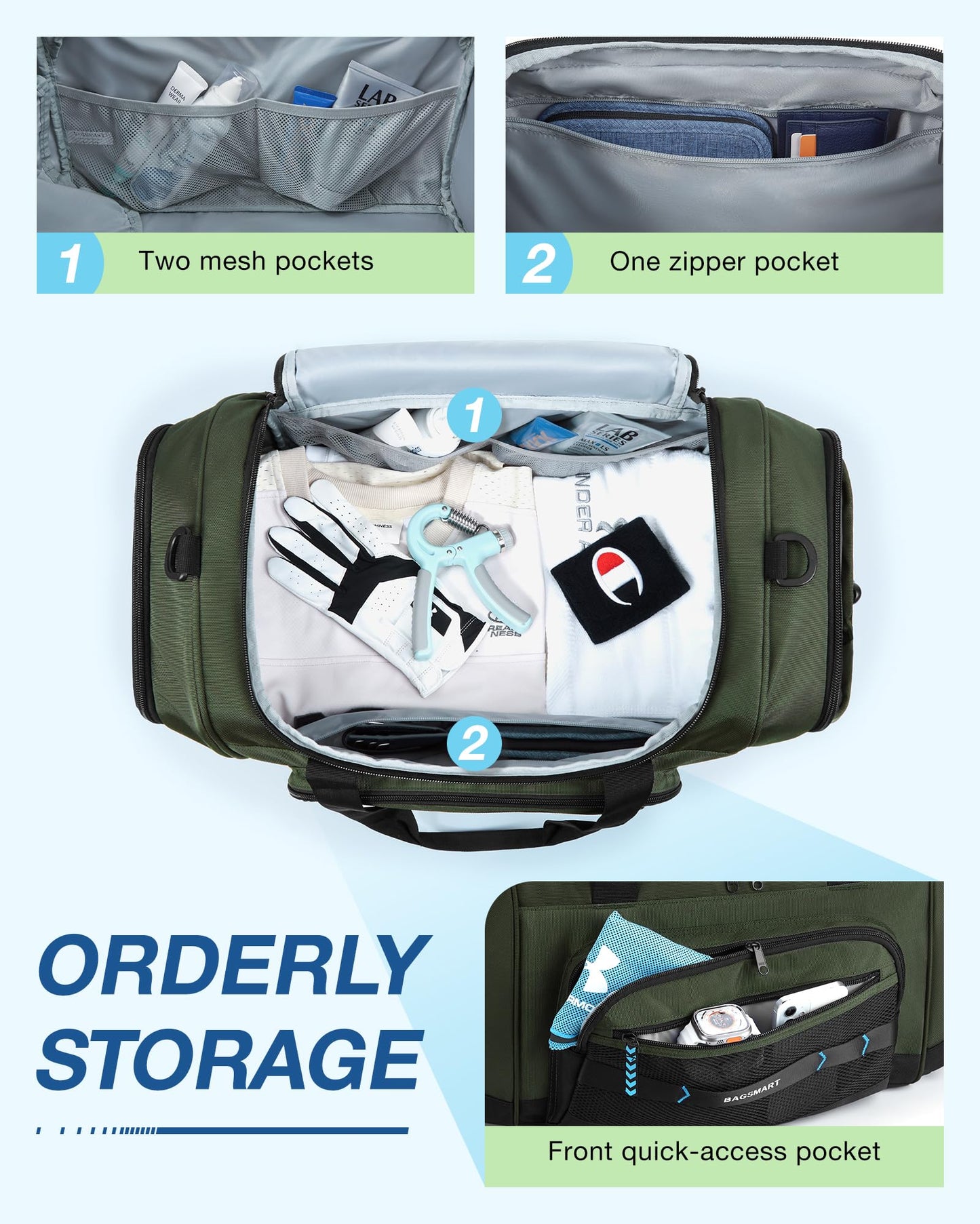 BAGSMART Sporttasche für Damen und Herren, Sport-Reisetasche, Handgepäck, leichte Wochenend-Übernachtungstasche mit Schuhfach und Nassfach, wasserabweisende Trainings-Reisetasche für das Fitnessstudio auf Reisen – Grün