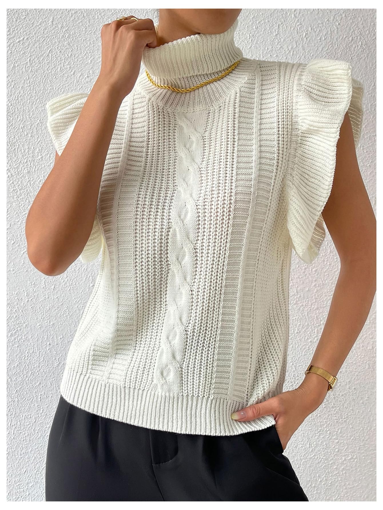 Floerns Women's Ruffle Trim Cable Knit Sweater Vest Turtleneck Sleeveless Tank Tops Beige Medium