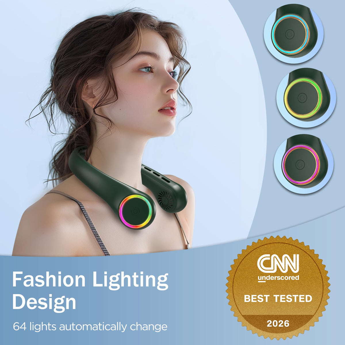 Neck fan, Portable Fan with 5-17H Lifespan, 4000mAh Neck fan air conditioner with 3 Adjustable Speeds and 64 Cool Lights, Rechargeable Neck Fan, Hands-Free Cooling fan for Summer (Black)