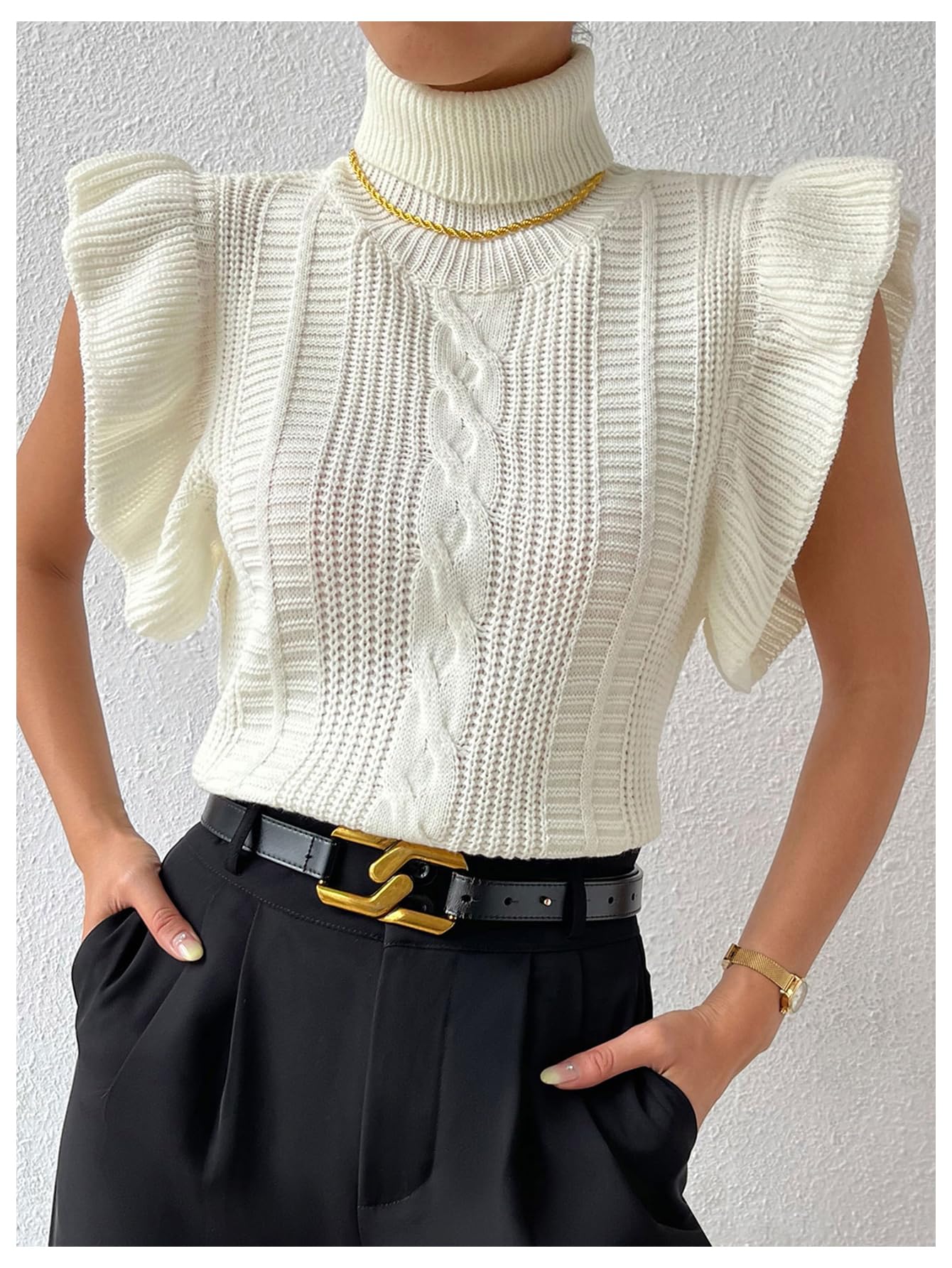 Floerns Women's Ruffle Trim Cable Knit Sweater Vest Turtleneck Sleeveless Tank Tops Beige Medium