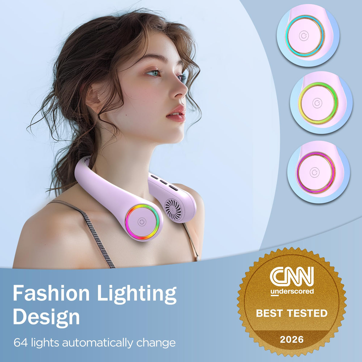 Neck fan, Portable Fan with 5-17H Lifespan, 4000mAh Neck fan air conditioner with 3 Adjustable Speeds and 64 Cool Lights, Rechargeable Neck Fan, Hands-Free Cooling fan for Summer (Black)