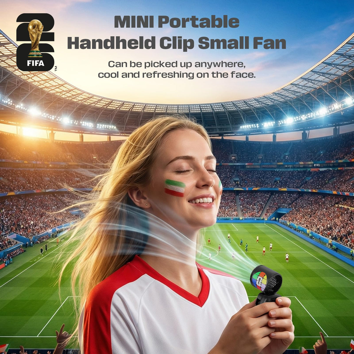FIFA Offiziell Lizenzierter Mini Ventilator mit Clip für Kappe - Tragbarer Kleiner Ventilator Wiederaufladbar, Persönlicher mit 3 Geschwindigkeiten, 62g Leicht für Reisen, Outdoor & Sport