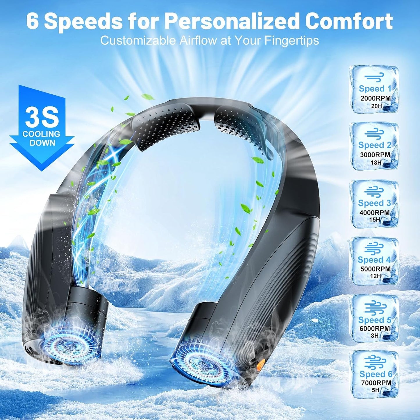 Nackenventilator, 8000 mAh Tragbarer Blattloser Halsventilator, 360° Luftstrom, 6 Stufen, USB Wiederaufladbar, Freihändiger Leichter Hals ventilator, Lange Akkulaufzeit für Büro/Gym/Reise, Outdoor