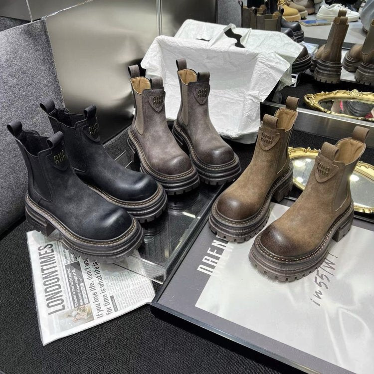 Britischer Stil Retro Chunky Heel Smoke Pipe Stiefel Damen