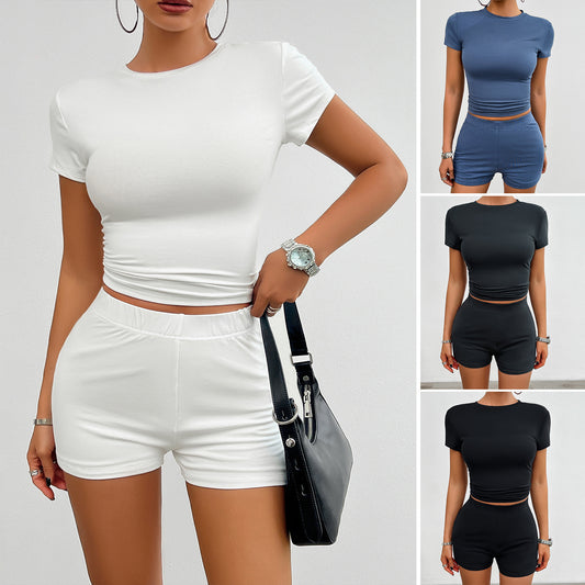 Einfarbig Schlank Sport Anzug Sommer 2Pcs Kurzen ärmeln Rundhals T-shirt Und Elastische Shorts Mode Damen Kleidung