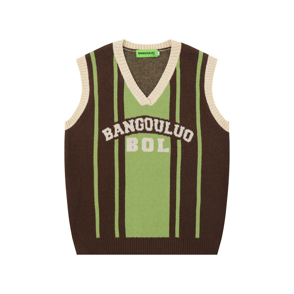 Europäische und amerikanische Straßen-Pulloverweste mit farblich passenden Buchstaben und V-Ausschnitt aus Jacquard