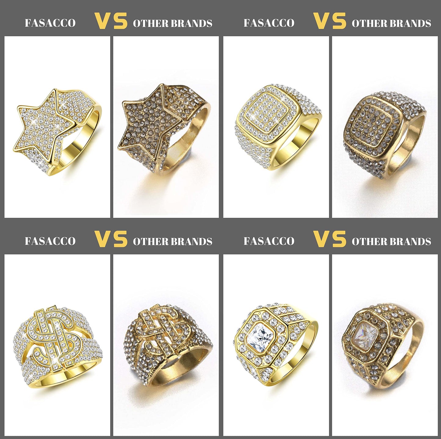 FASACCO 5Pcs 18K Gold Plated Bling Pinky Ring Simulated Diamond Iced Out Ring CZ Punky Rappers Ring Star Dollar Sign Hip Hop Ring for Men Size 10
