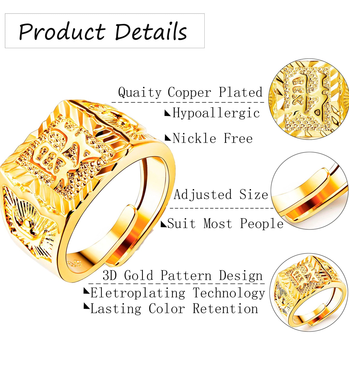 LOLIAS 4-teiliges vergoldetes Herrenring-Ehering-Set mit Kanji-Ring, Ringset für Reichtum/Glück/Reichtum, verstellbar
