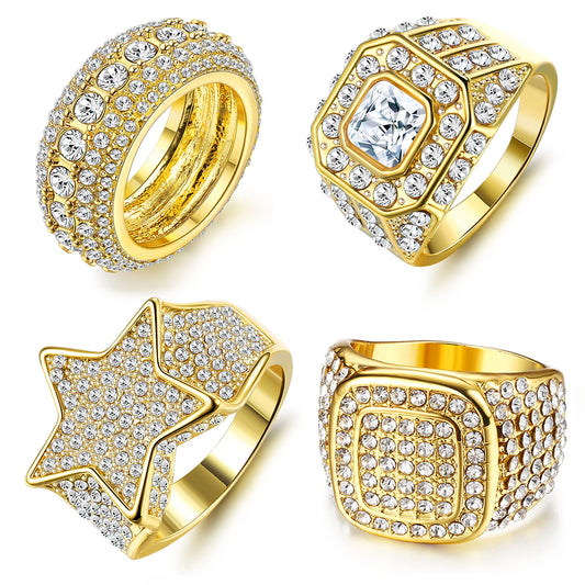 Jstyle 4-teiliger 18 Karat vergoldeter Bling-Ring für den kleinen Finger, künstlicher Diamant, Iced Out-Ring, CZ, Punky-Rapper-Ring, Stern, quadratisch, Hip-Hop-Ring für Männer