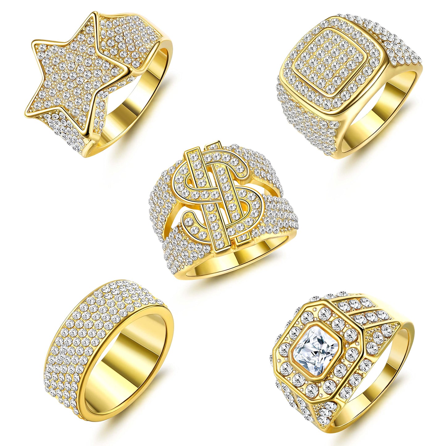 FASACCO 5Pcs 18K Gold Plated Bling Pinky Ring Simulated Diamond Iced Out Ring CZ Punky Rappers Ring Star Dollar Sign Hip Hop Ring for Men Size 10