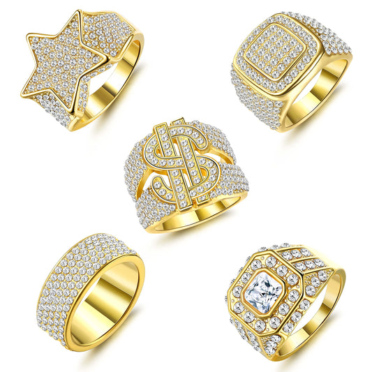 FASACCO 5 Stück 18 Karat vergoldeter Bling-Ring für den kleinen Finger, künstlicher Diamant, Iced Out-Ring, CZ, Punky-Rapper-Ring, Stern-Dollar-Zeichen, Hip-Hop-Ring für Männer, Größe 10