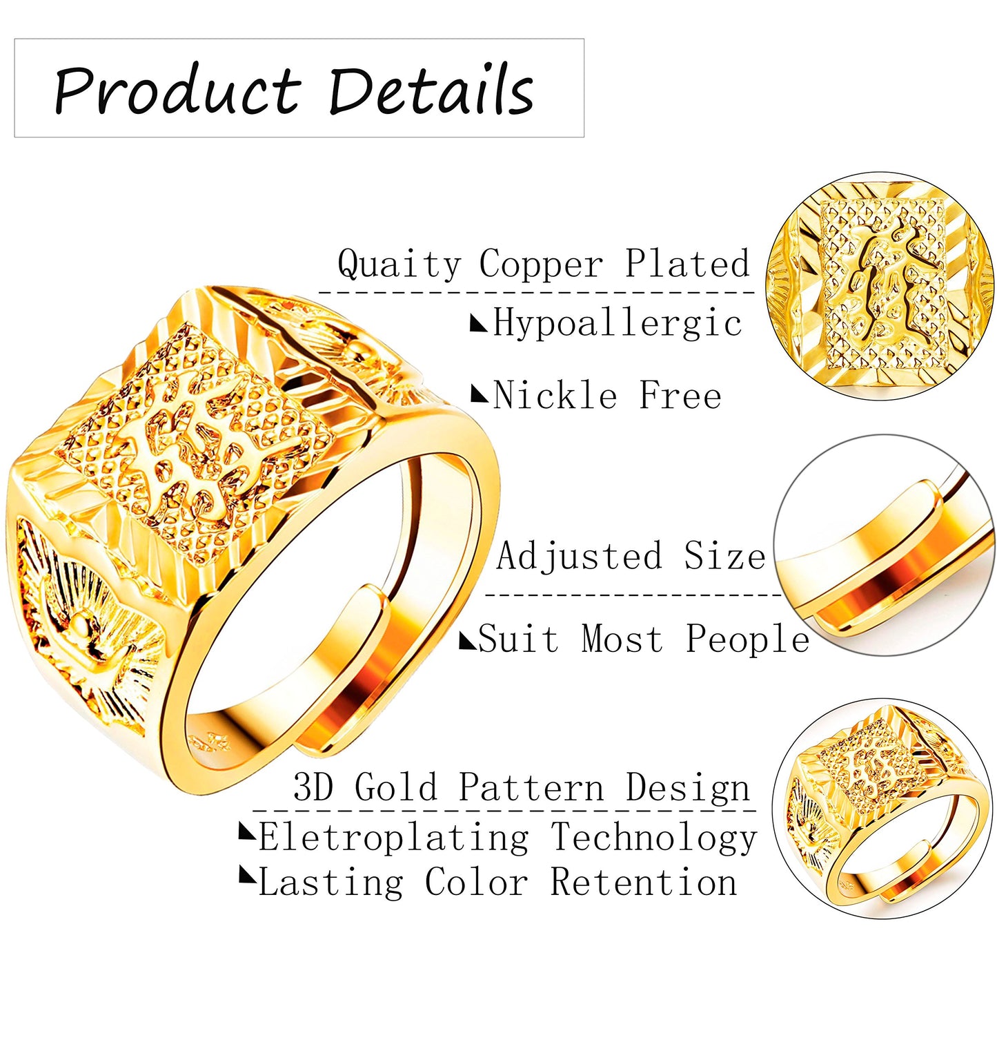 LOLIAS 4-teiliges vergoldetes Herrenring-Ehering-Set mit Kanji-Ring, Ringset für Reichtum/Glück/Reichtum, verstellbar