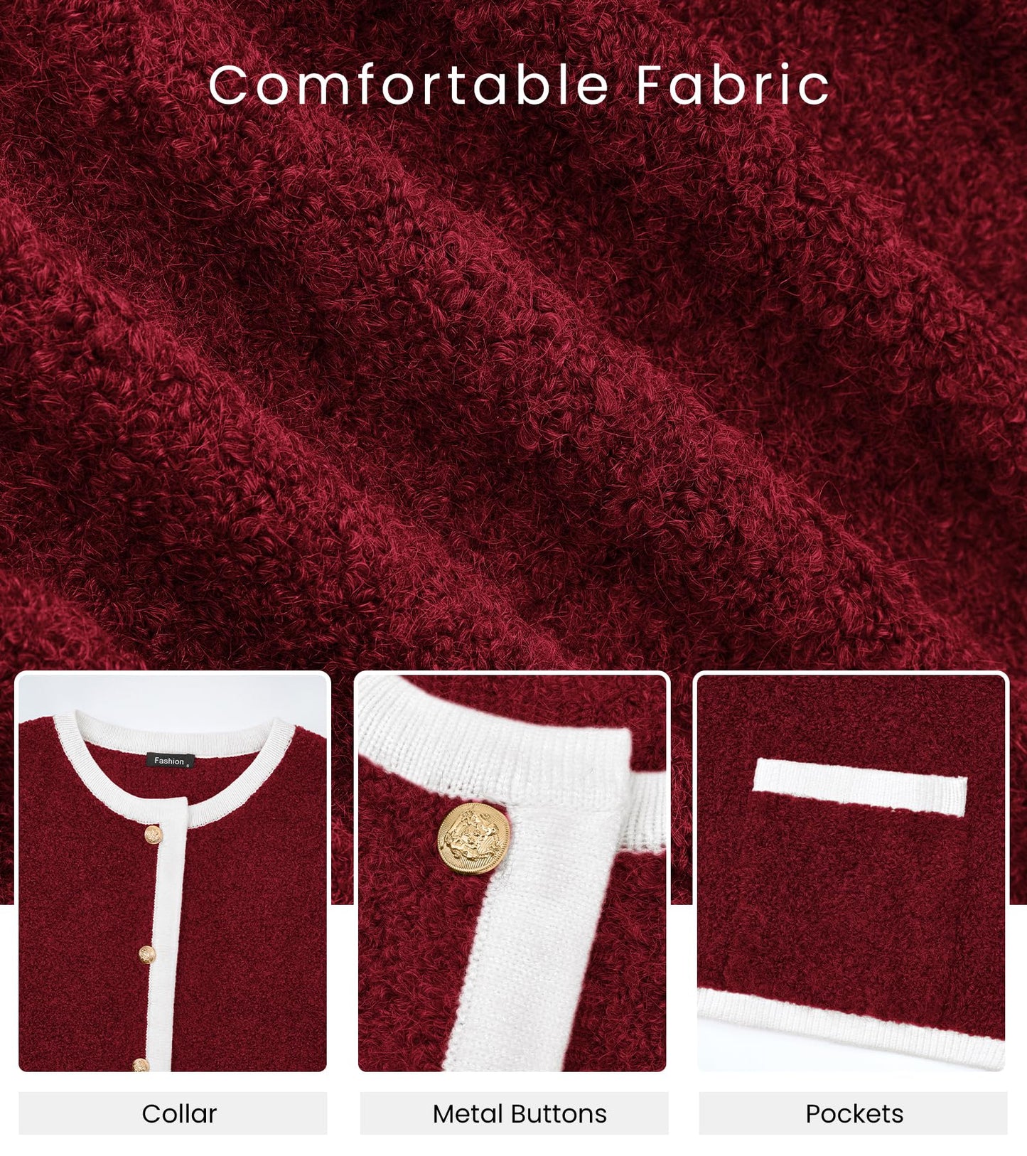 Women Cardigan Sweaters Long Sleeve Button Down Tweed Knit Sweater Crewneck Fall Open Front Outerwear with Pockets-M Wine Red