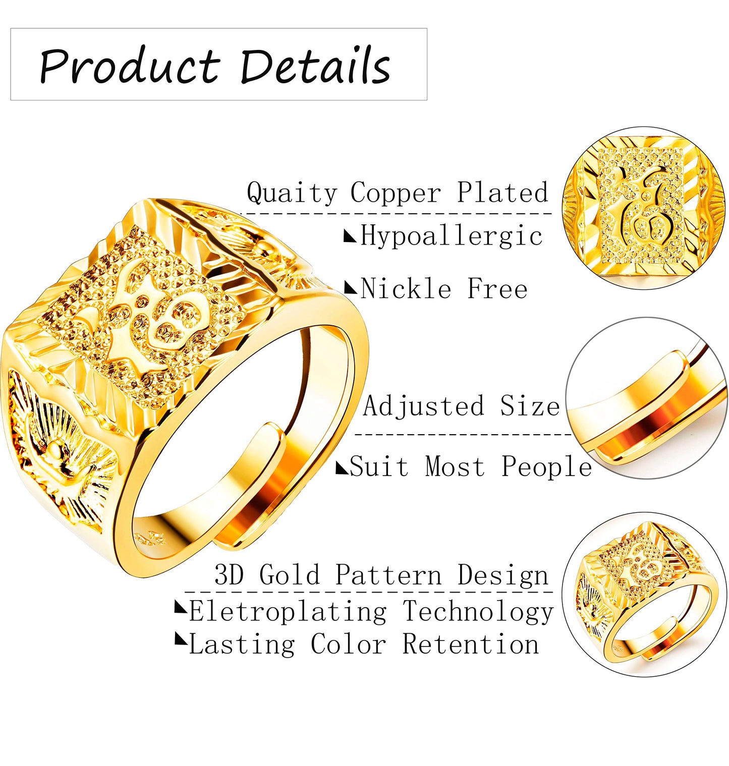 LOLIAS 4-teiliges vergoldetes Herrenring-Ehering-Set mit Kanji-Ring, Ringset für Reichtum/Glück/Reichtum, verstellbar