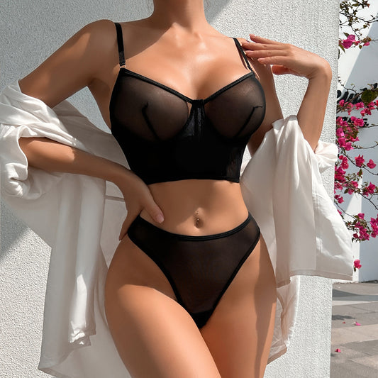 Women's Underwear Fishbone Contrast Color Mesh Push-up Suit